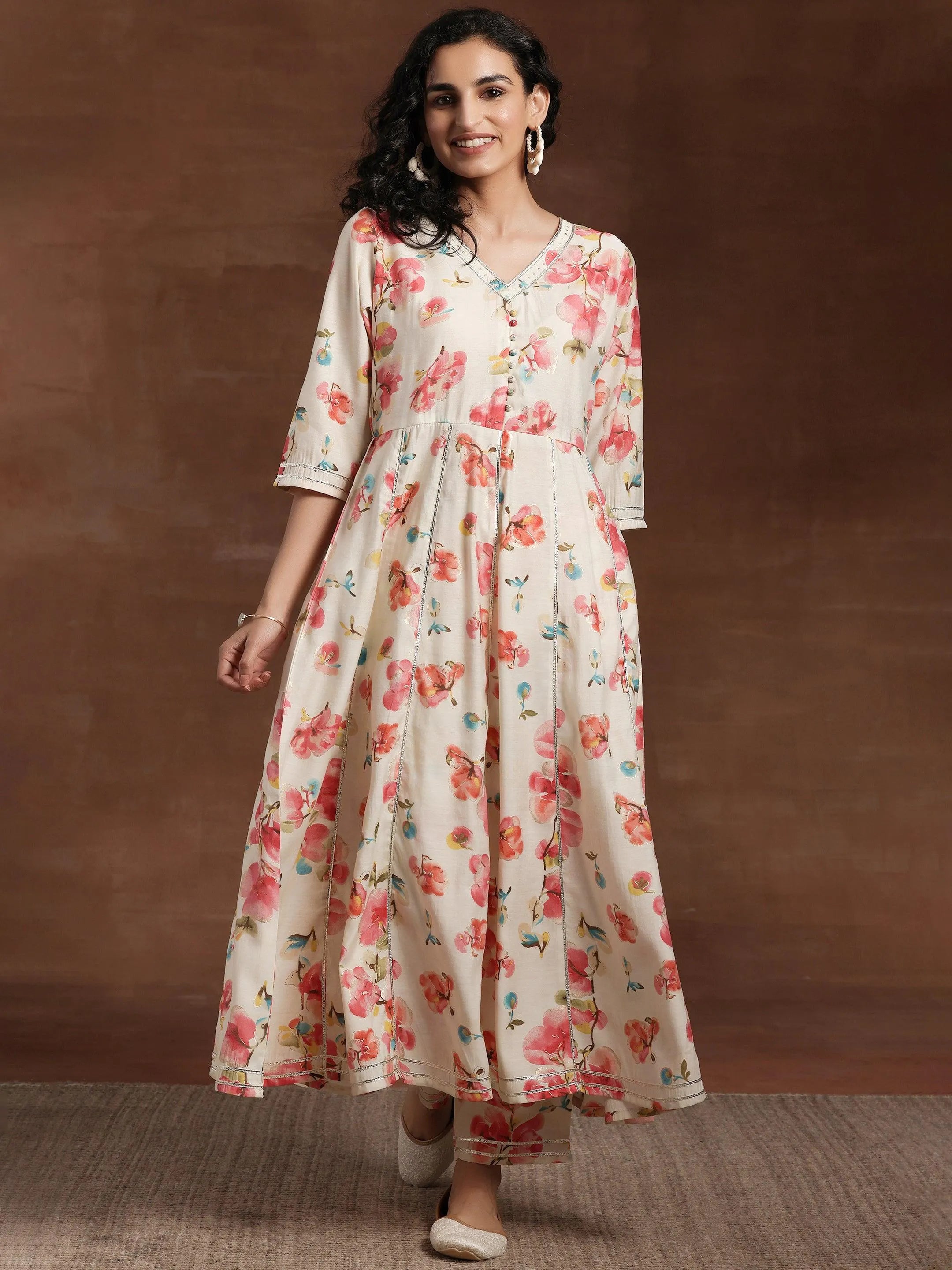 Off White Printed Silk Blend Anarkali Kurta Set