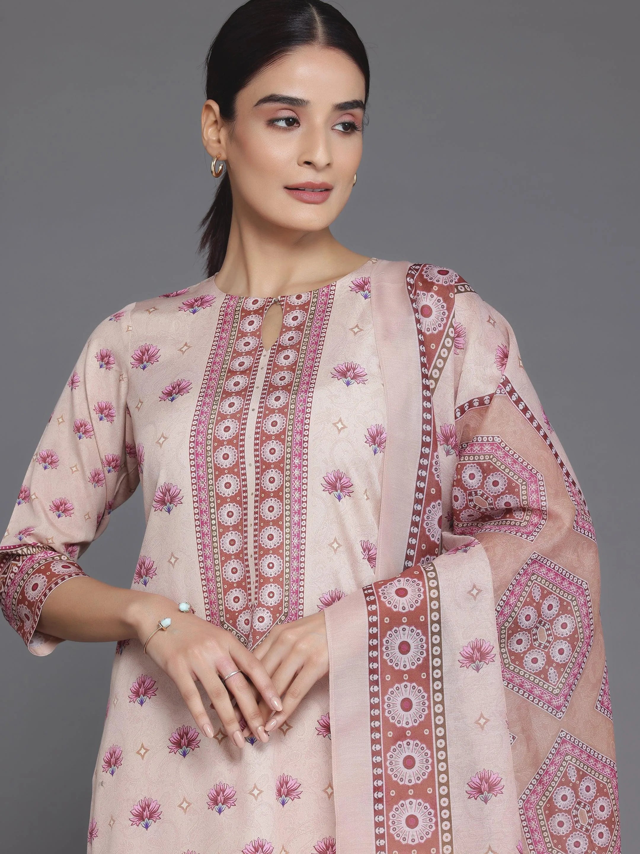 Peach Printed Poly Crepe Straight Suit With Dupatta