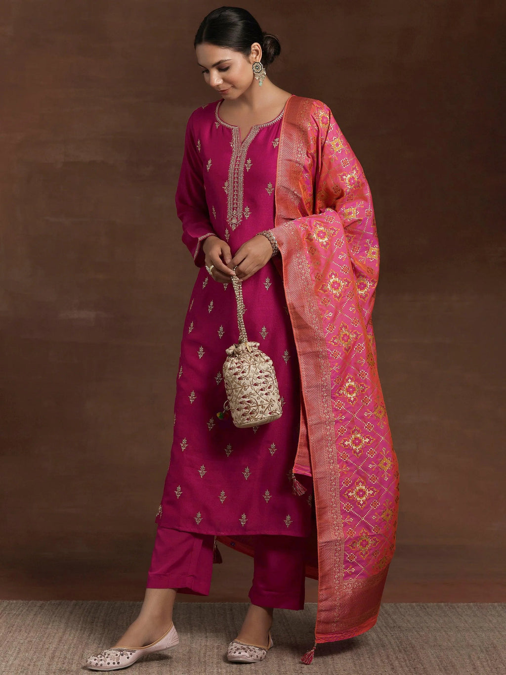 Pink Embroidered Silk Blend Straight Suit With Dupatta