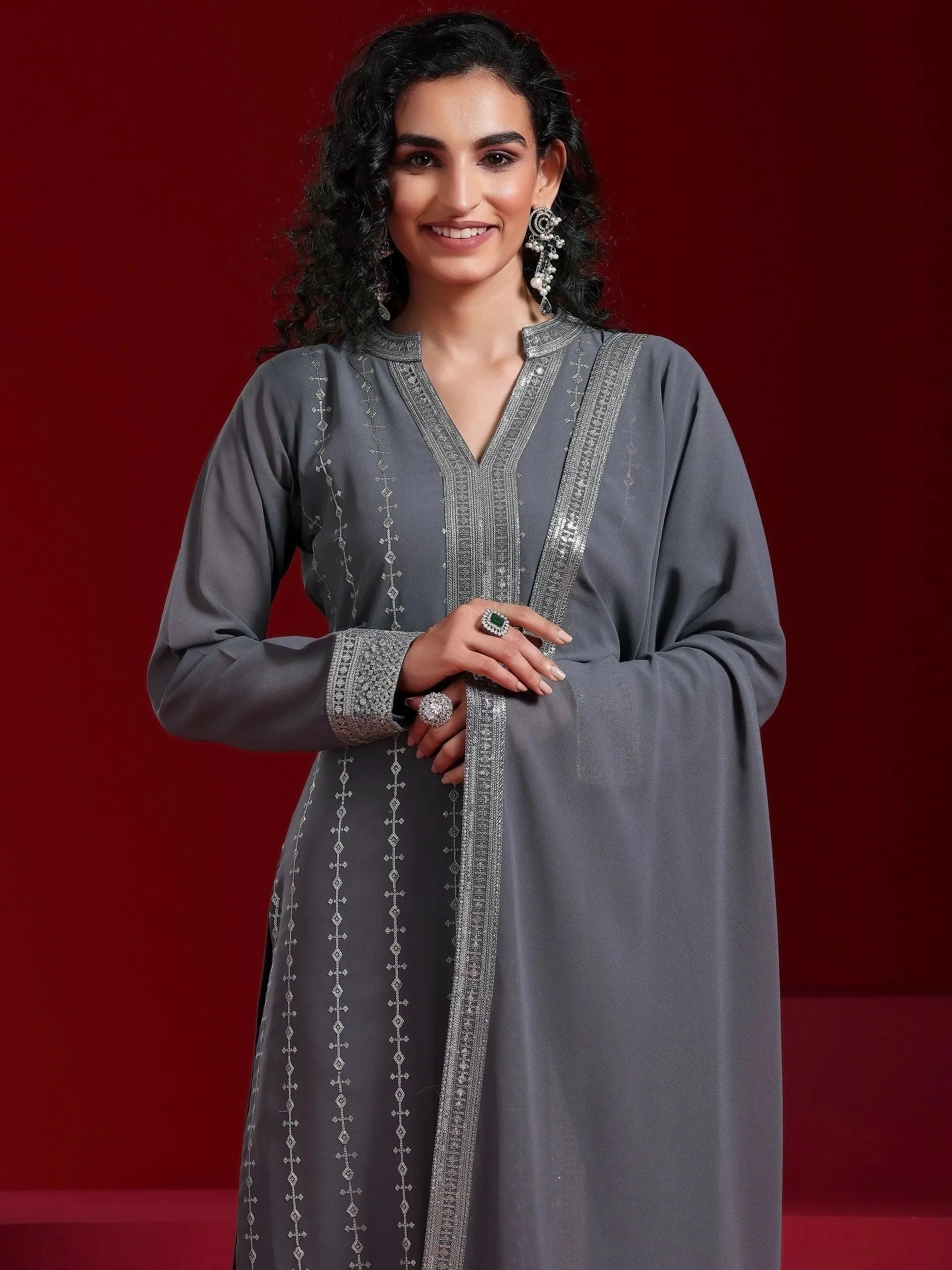 Grey Embroidered Georgette Straight Suit With Dupatta