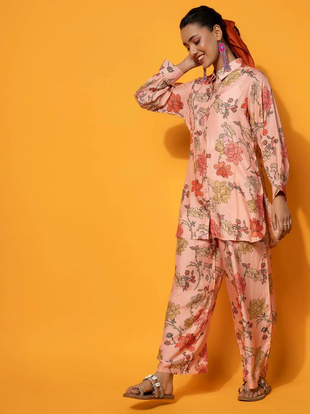 Peach Printed Silk Blend Co-Ords