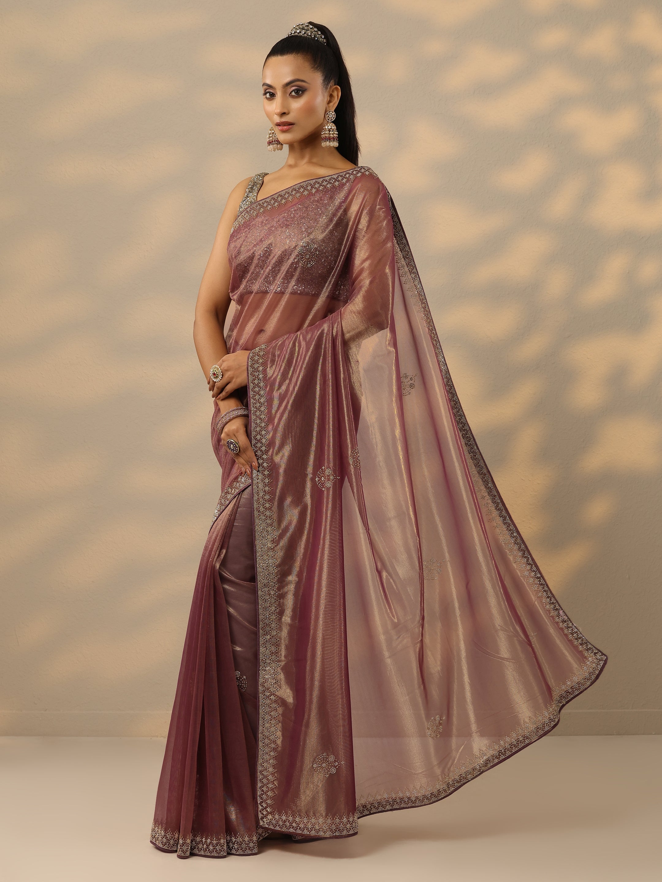 Mauve Embellished Nylon Saree With Unstitched Blouse Piece