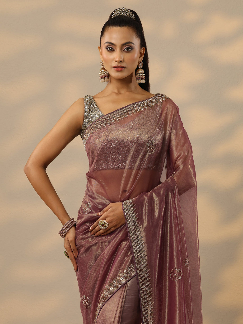 Mauve Embellished Nylon Saree With Unstitched Blouse Piece