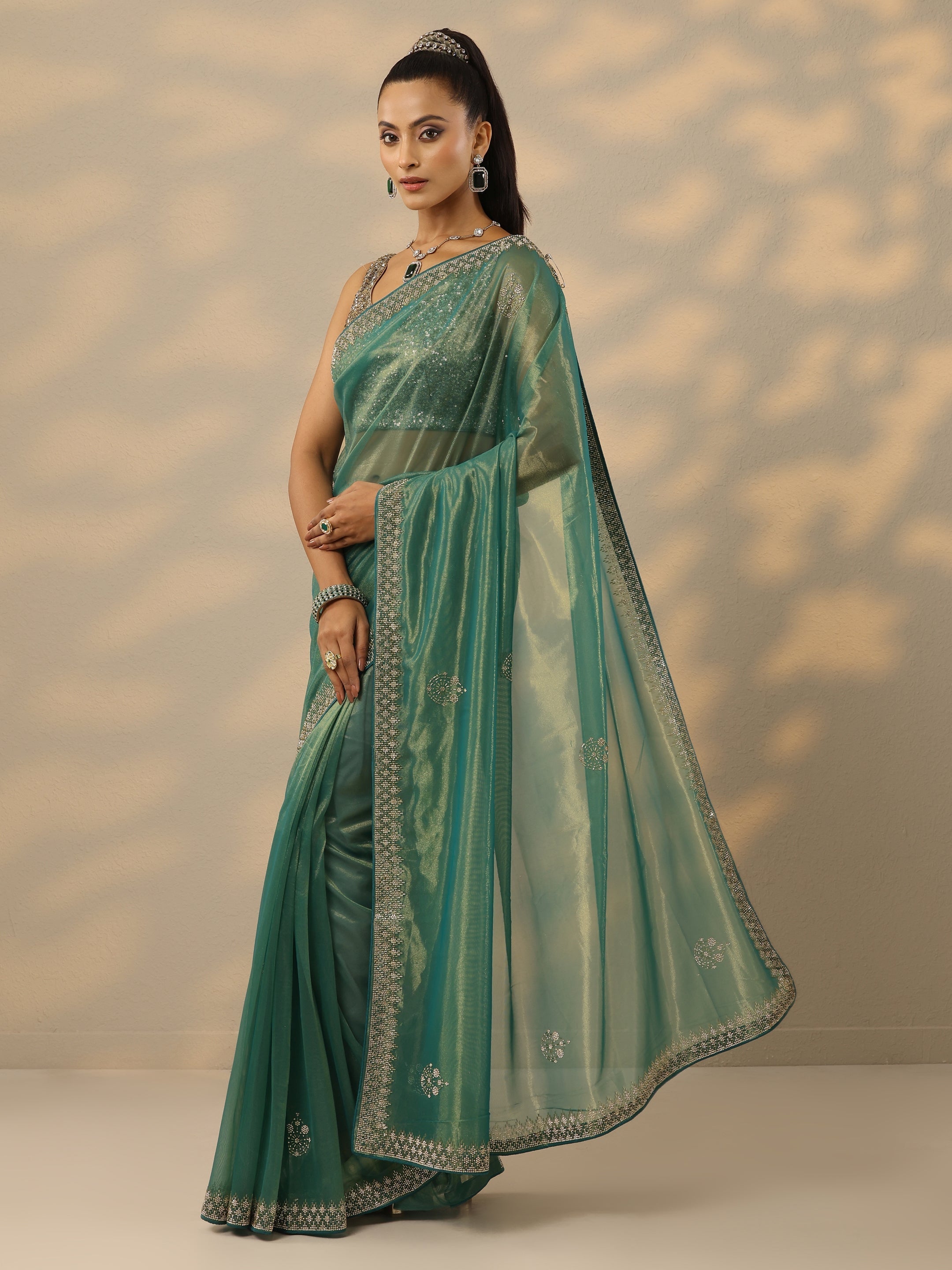 Green Embellished Nylon Saree With Unstitched Blouse Piece