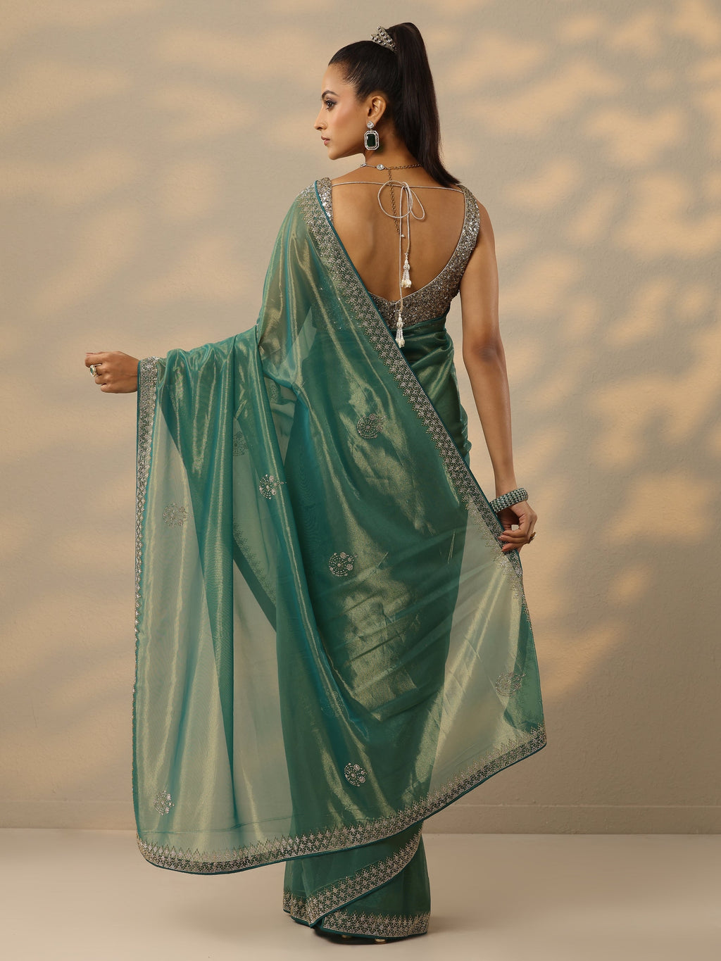 Green Embellished Nylon Saree With Unstitched Blouse Piece