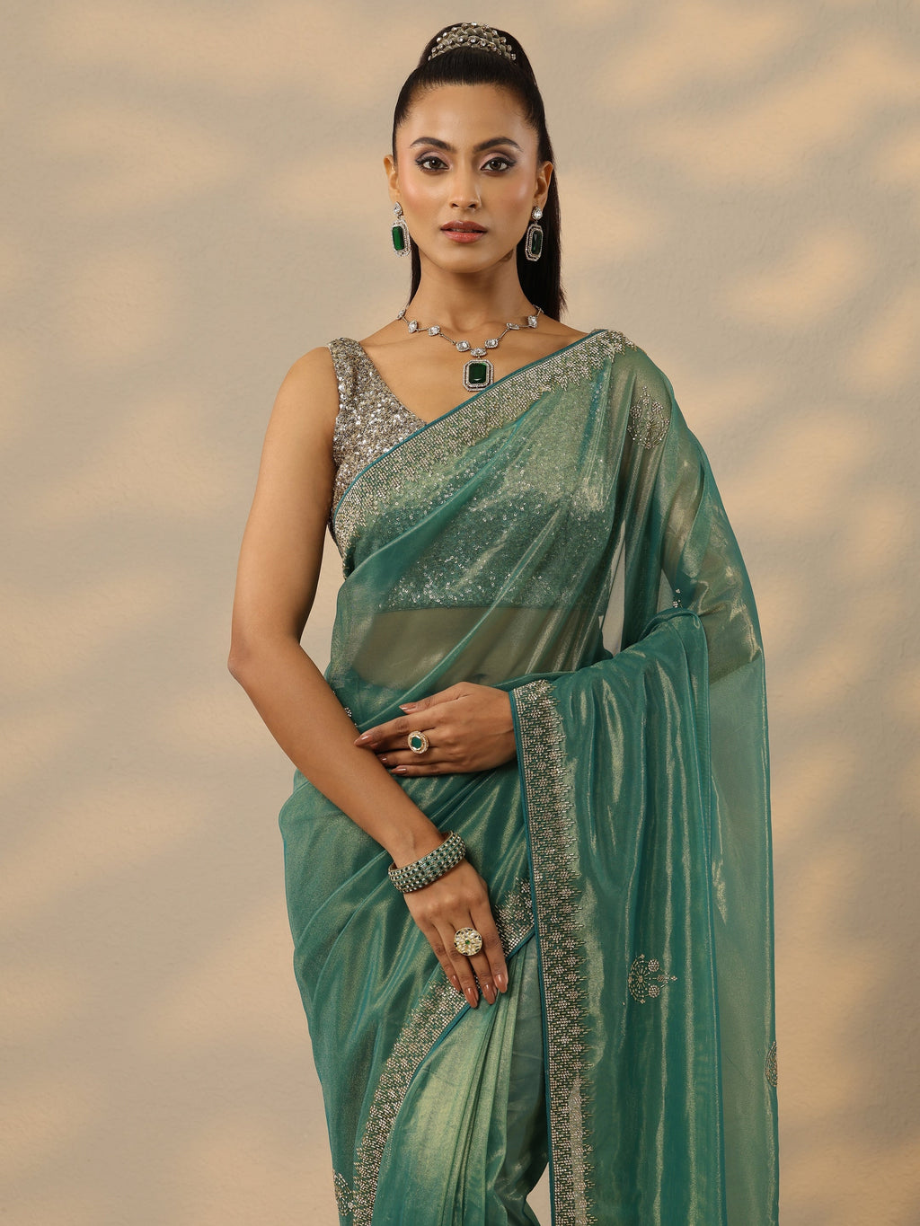 Green Embellished Nylon Saree With Unstitched Blouse Piece