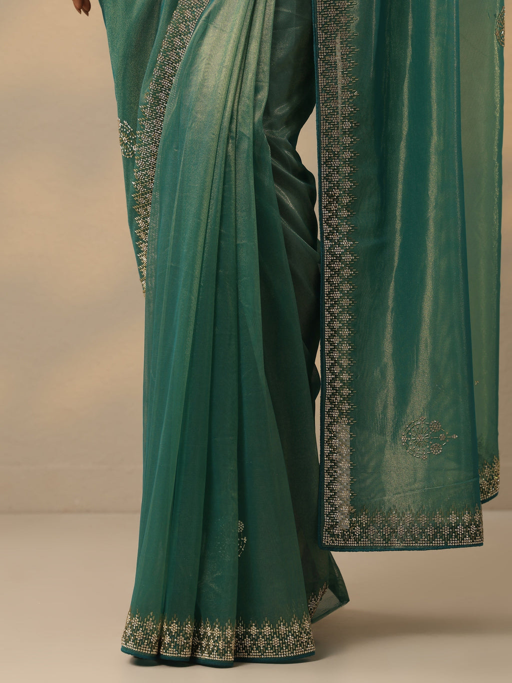 Green Embellished Nylon Saree With Unstitched Blouse Piece