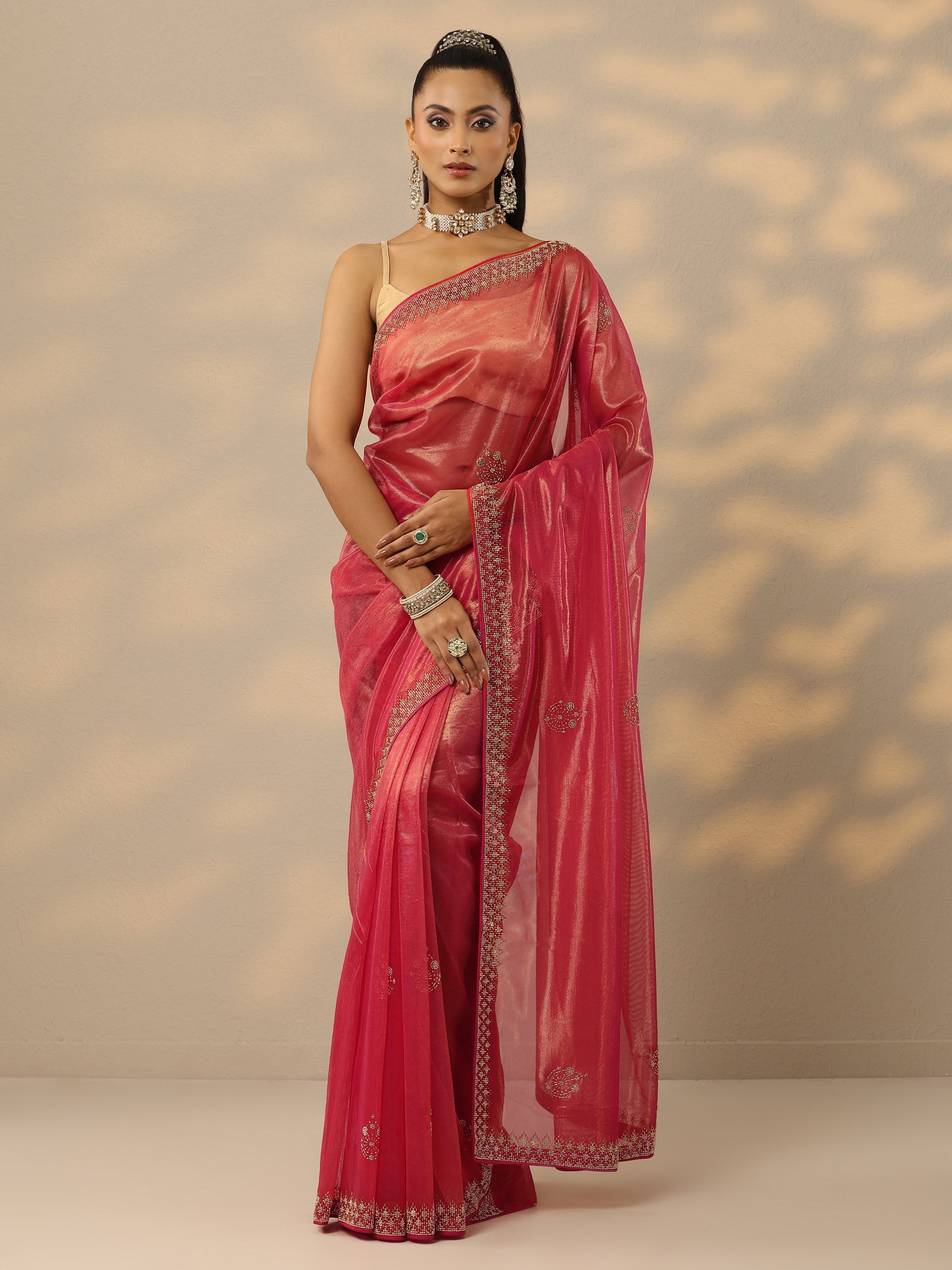 Pink Embellished Nylon Saree With Unstitched Blouse Piece