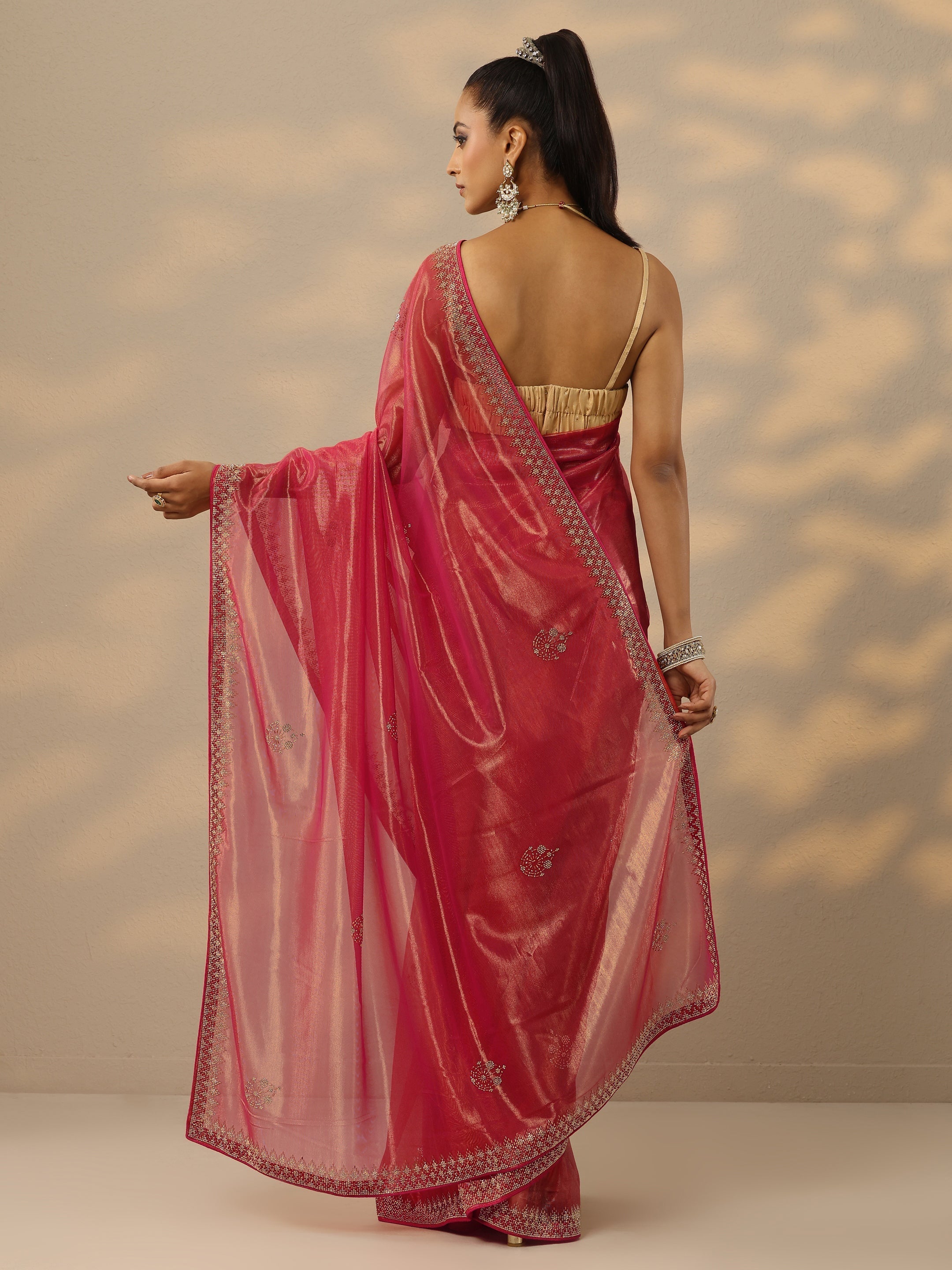 Pink Embellished Nylon Saree With Unstitched Blouse Piece