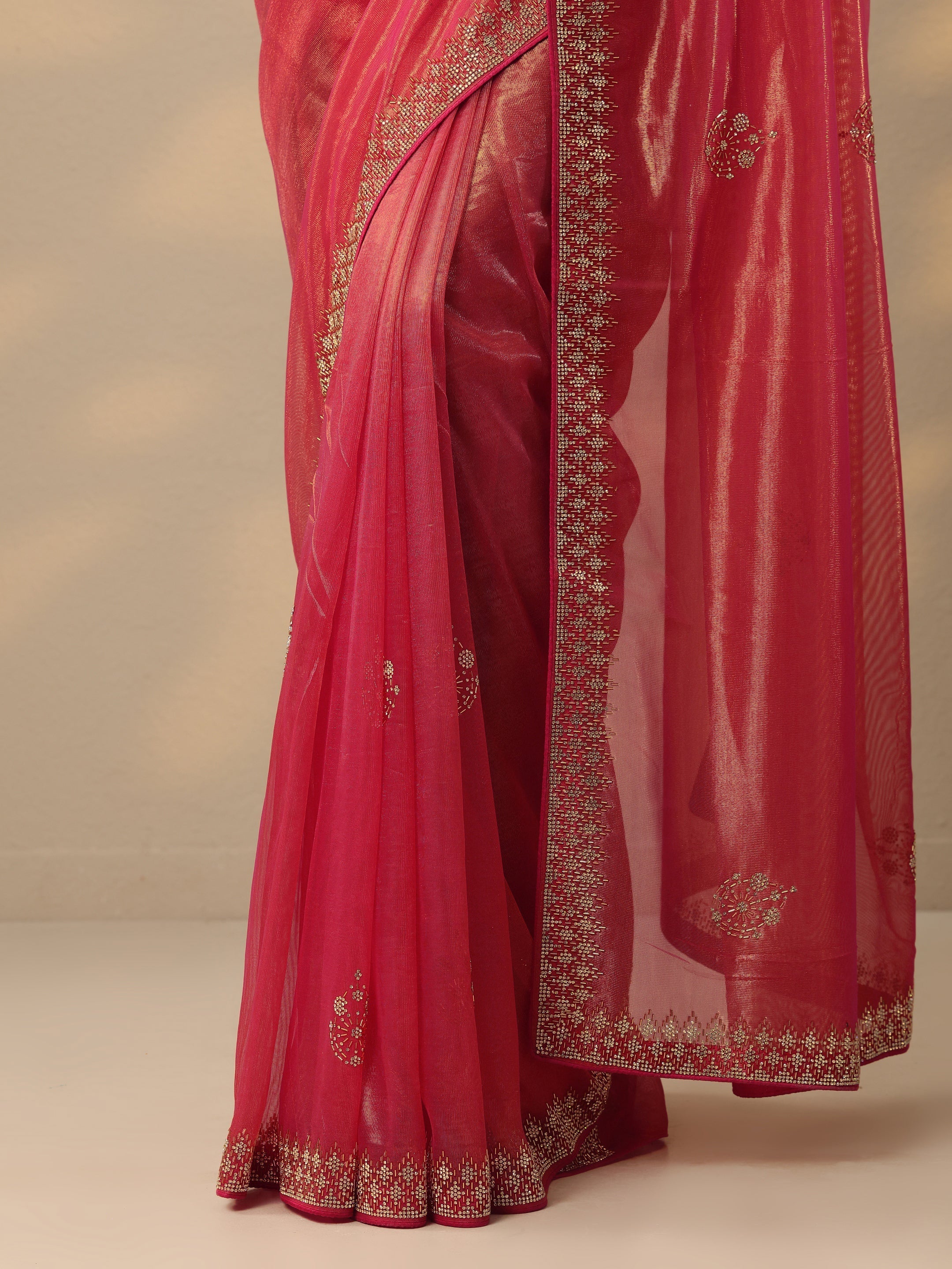 Pink Embellished Nylon Saree With Unstitched Blouse Piece