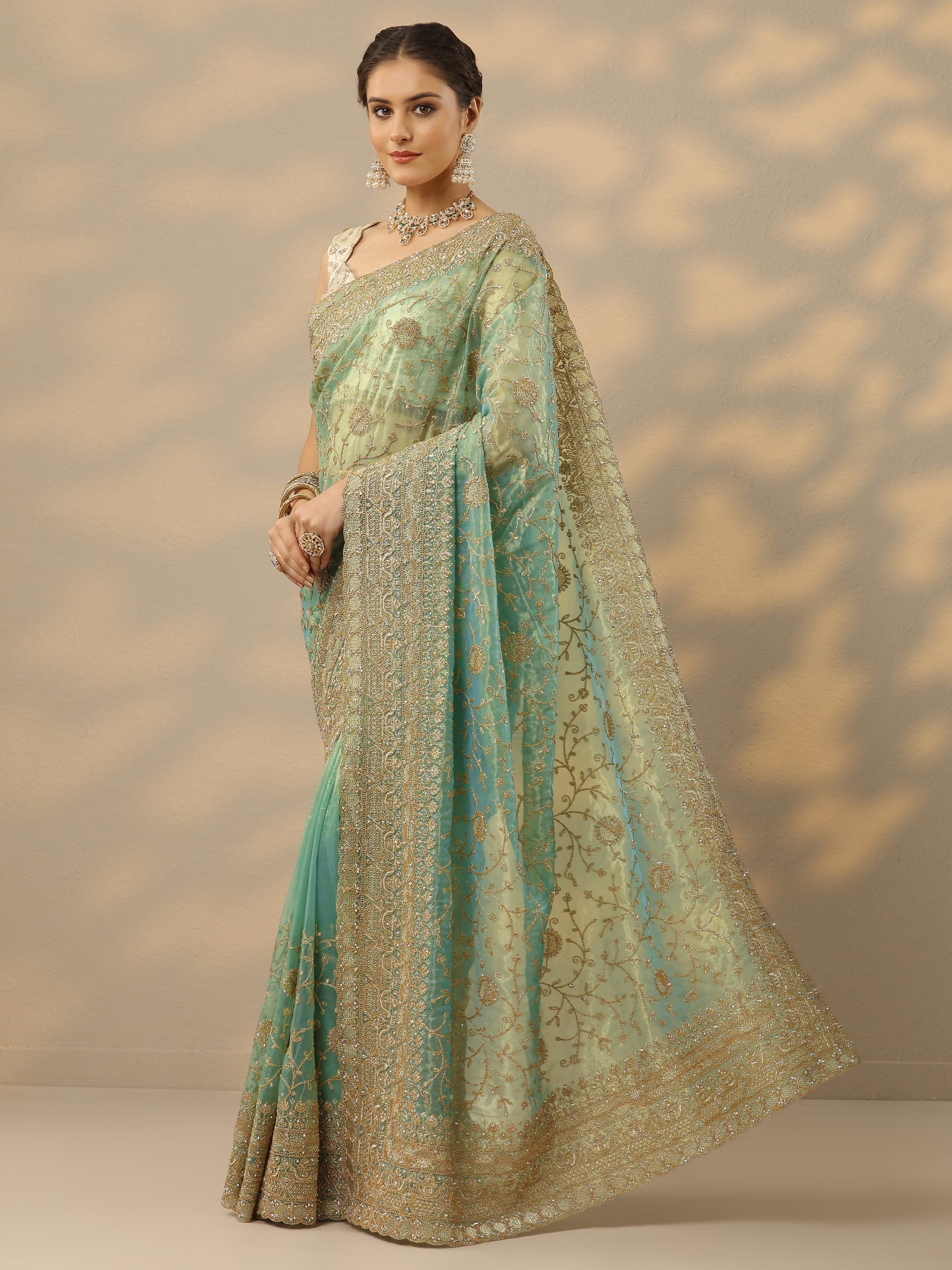 Blue Embroidered Banarasi Nylon Saree With Unstitched Blouse Piece