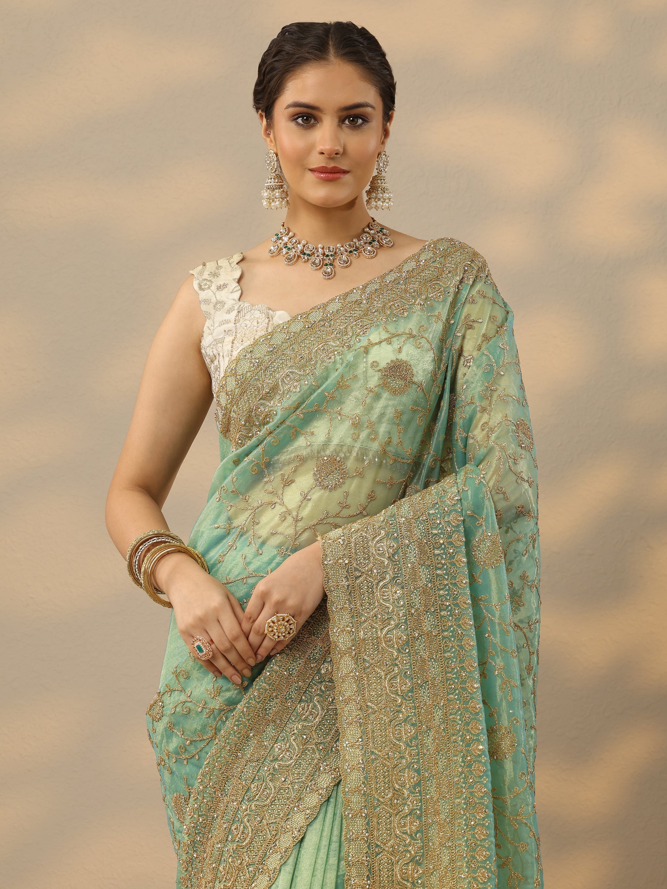 Blue Embroidered Banarasi Nylon Saree With Unstitched Blouse Piece