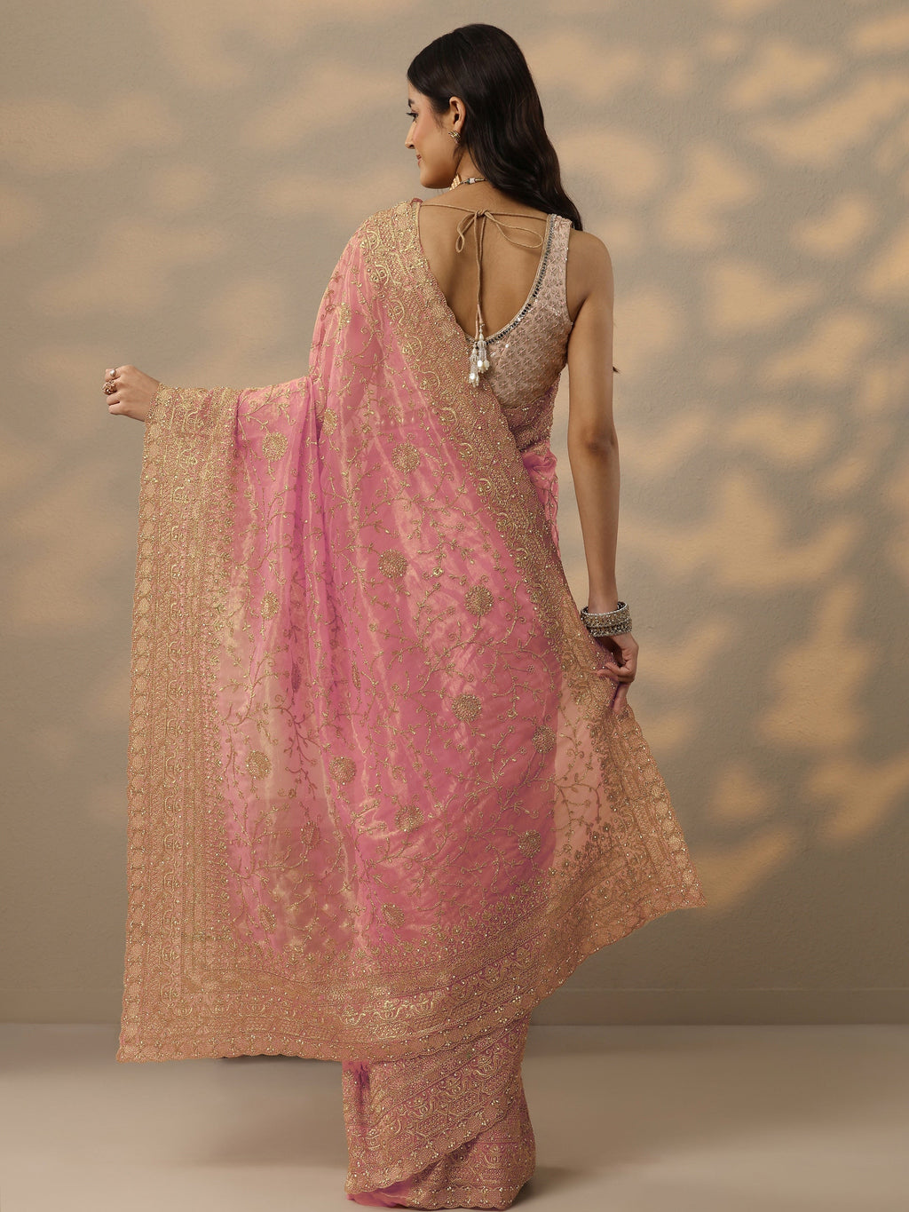 Peach Embroidered Nylon Saree With Unstitched Blouse Piece