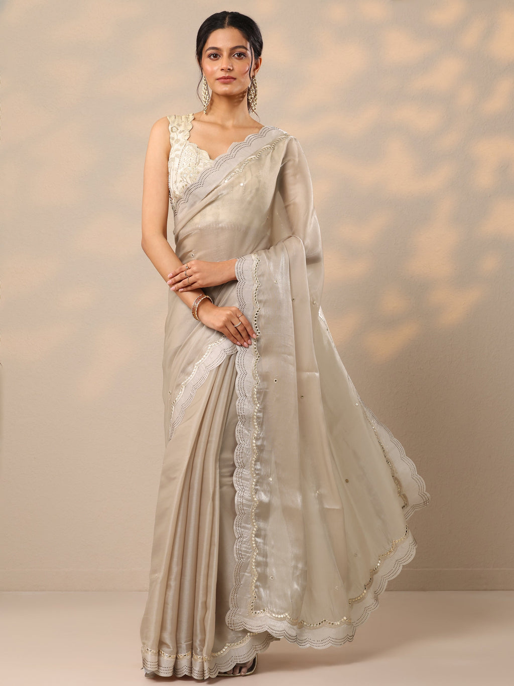 Beige Embellished Organza Sarees With Unstitched Blouse Piece
