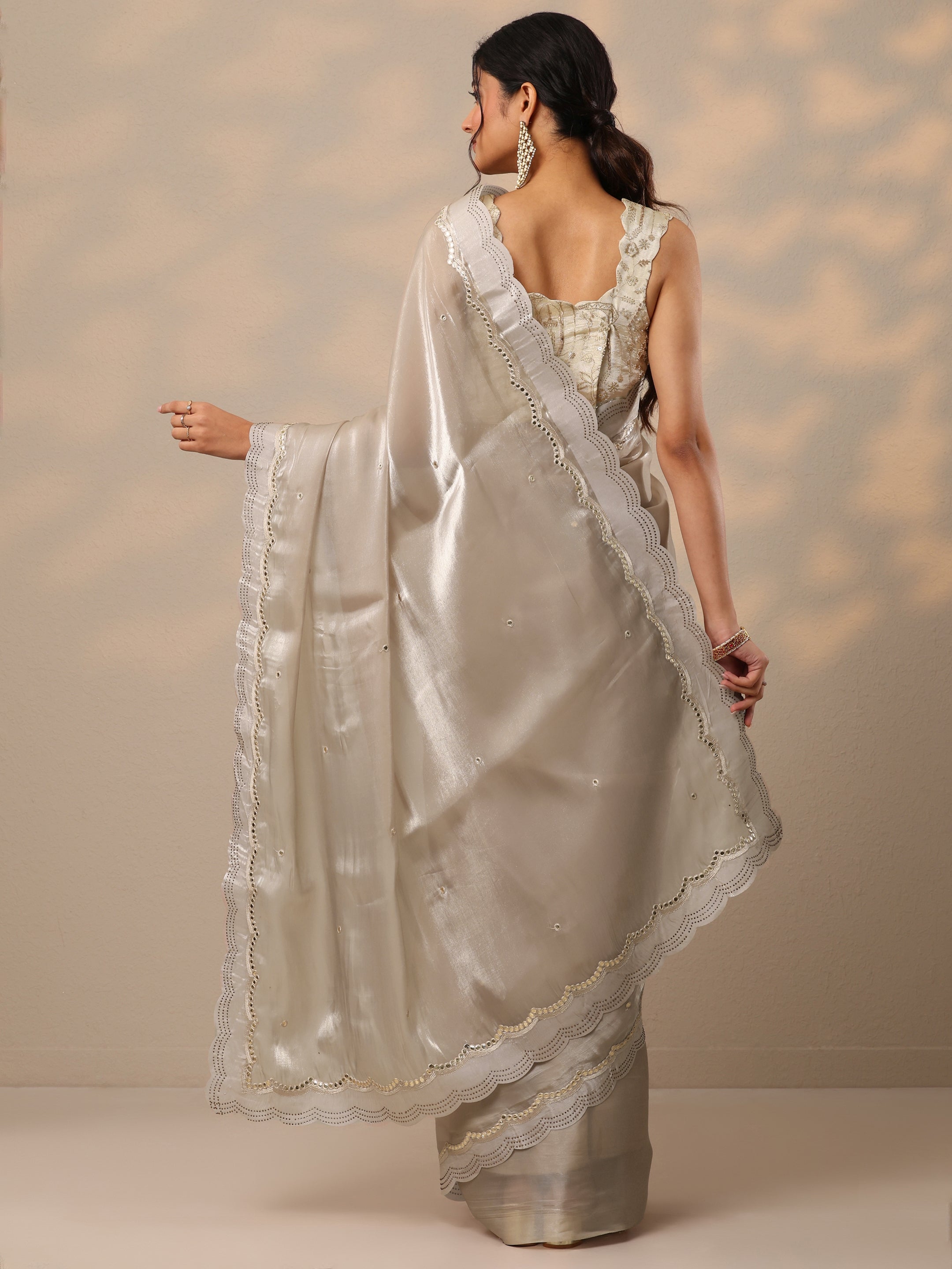 Beige Embellished Organza Sarees With Unstitched Blouse Piece