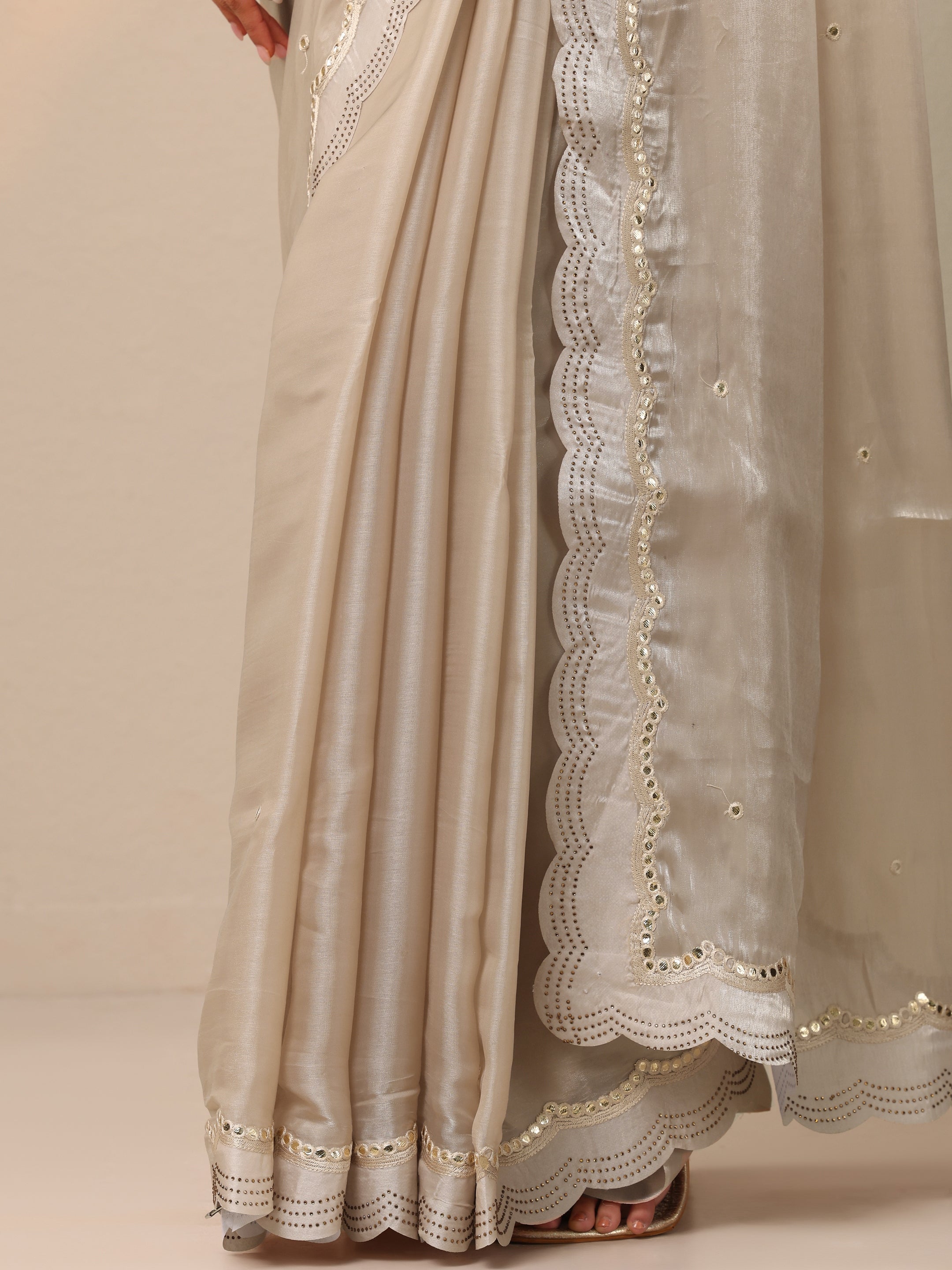 Beige Embellished Organza Sarees With Unstitched Blouse Piece
