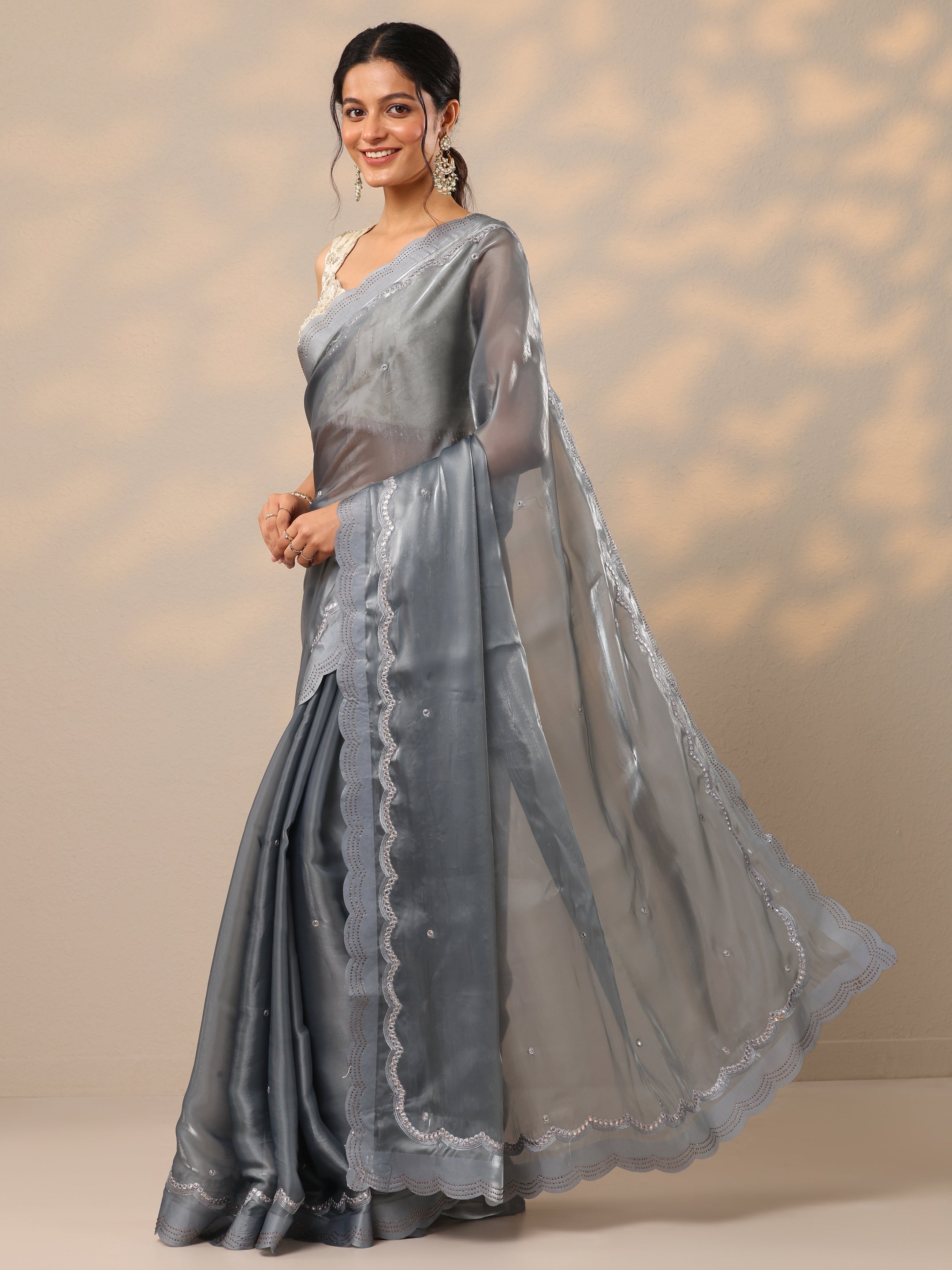 Grey Embellished Organza Sarees With Unstitched Blouse Piece