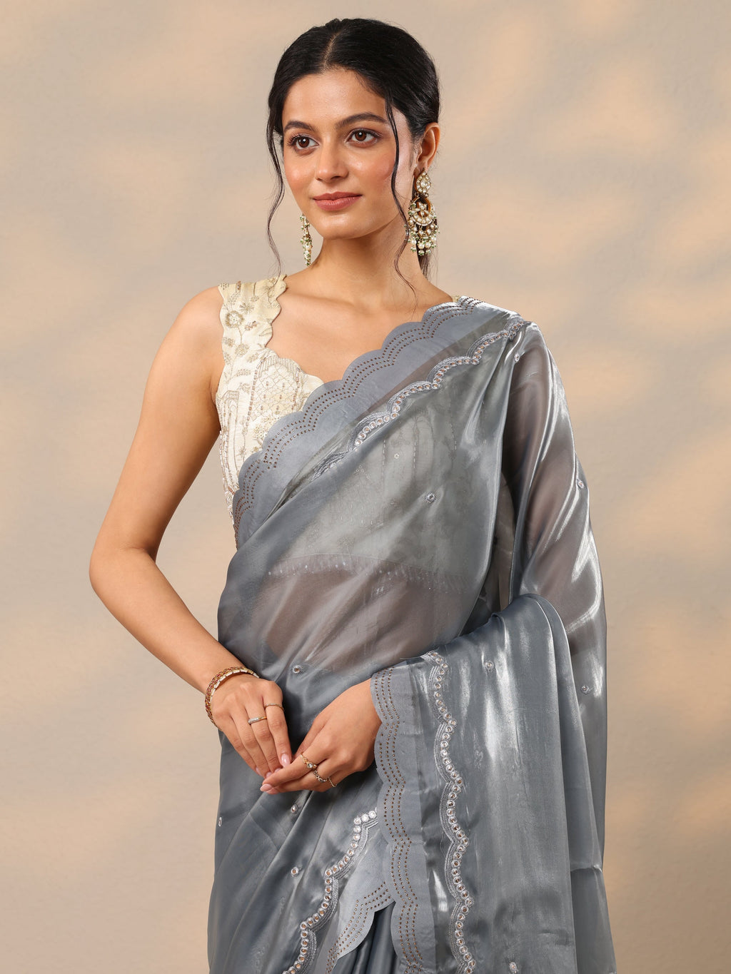 Grey Embellished Organza Sarees With Unstitched Blouse Piece