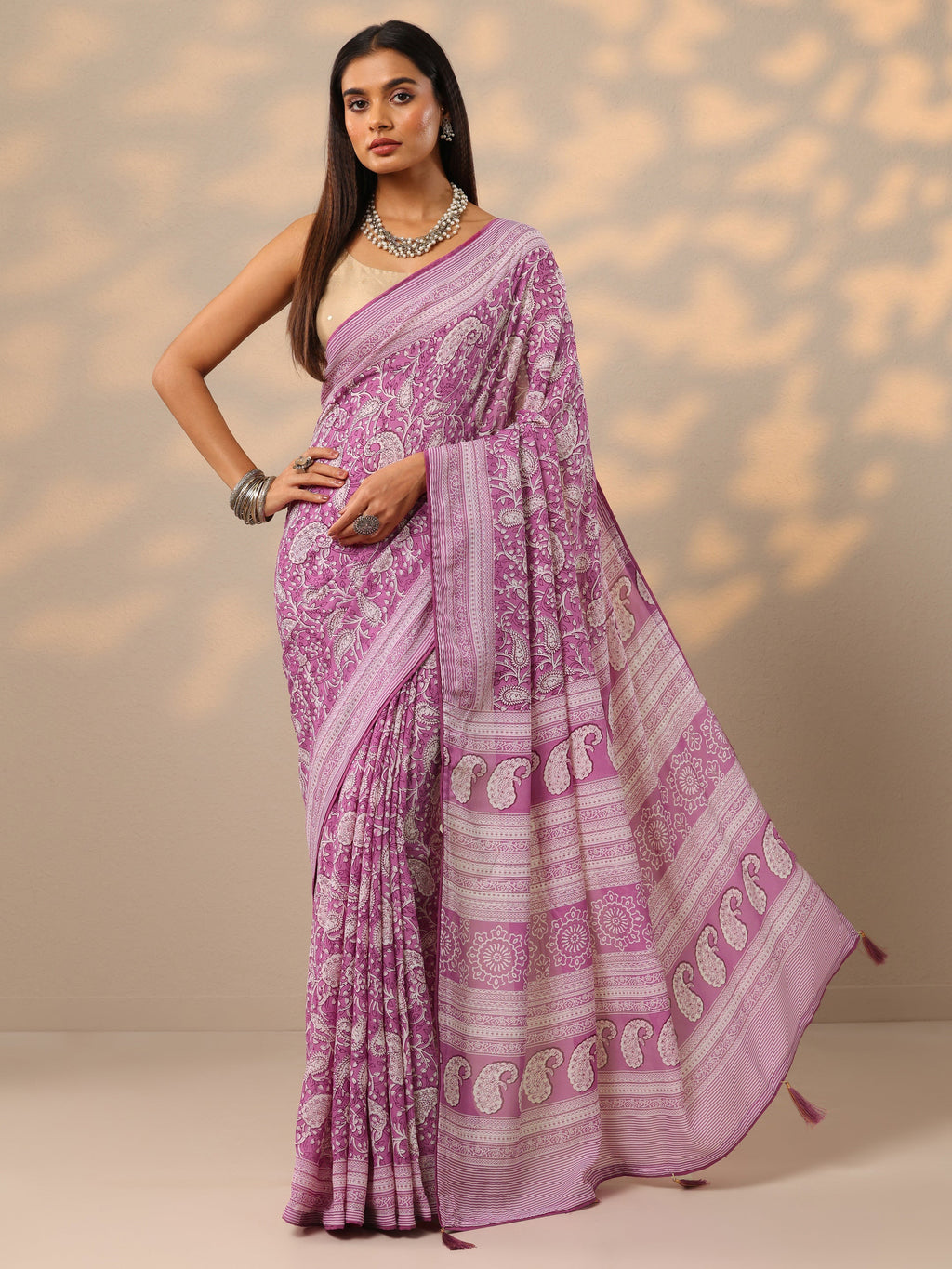 Pink Printed Georgette Saree With Unstitched Blouse Piece