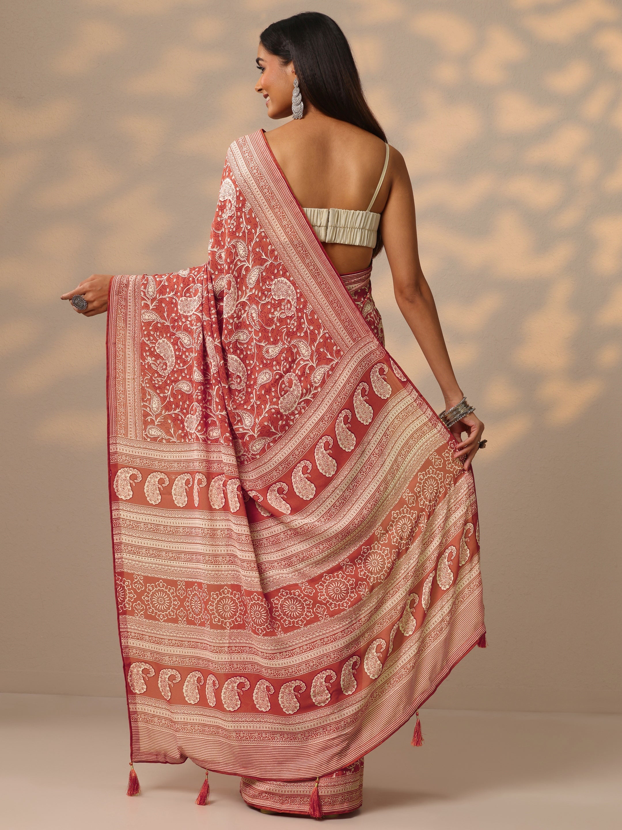 Orange Printed Georgette Saree With Unstitched Blouse Piece