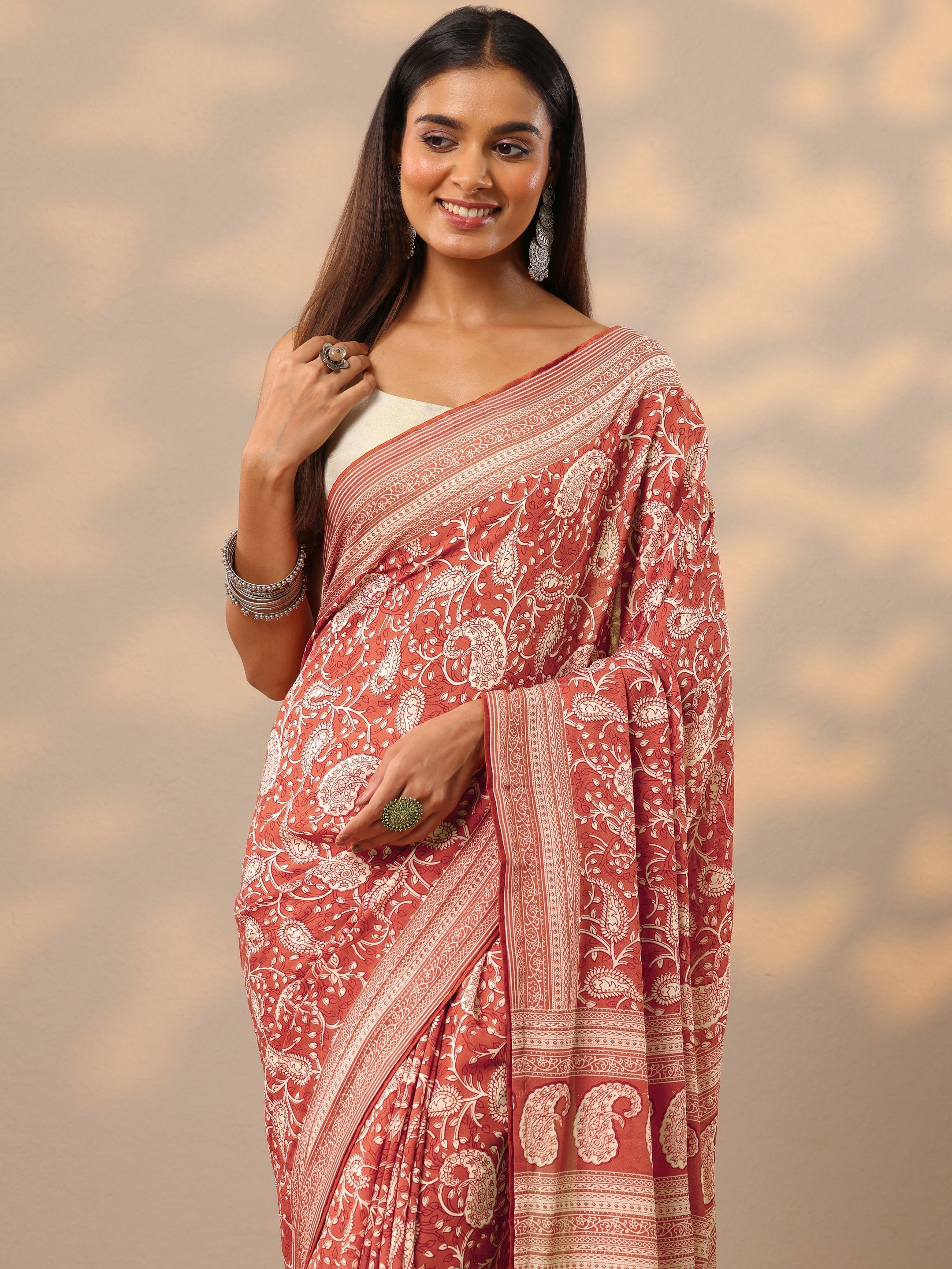 Orange Printed Georgette Saree With Unstitched Blouse Piece