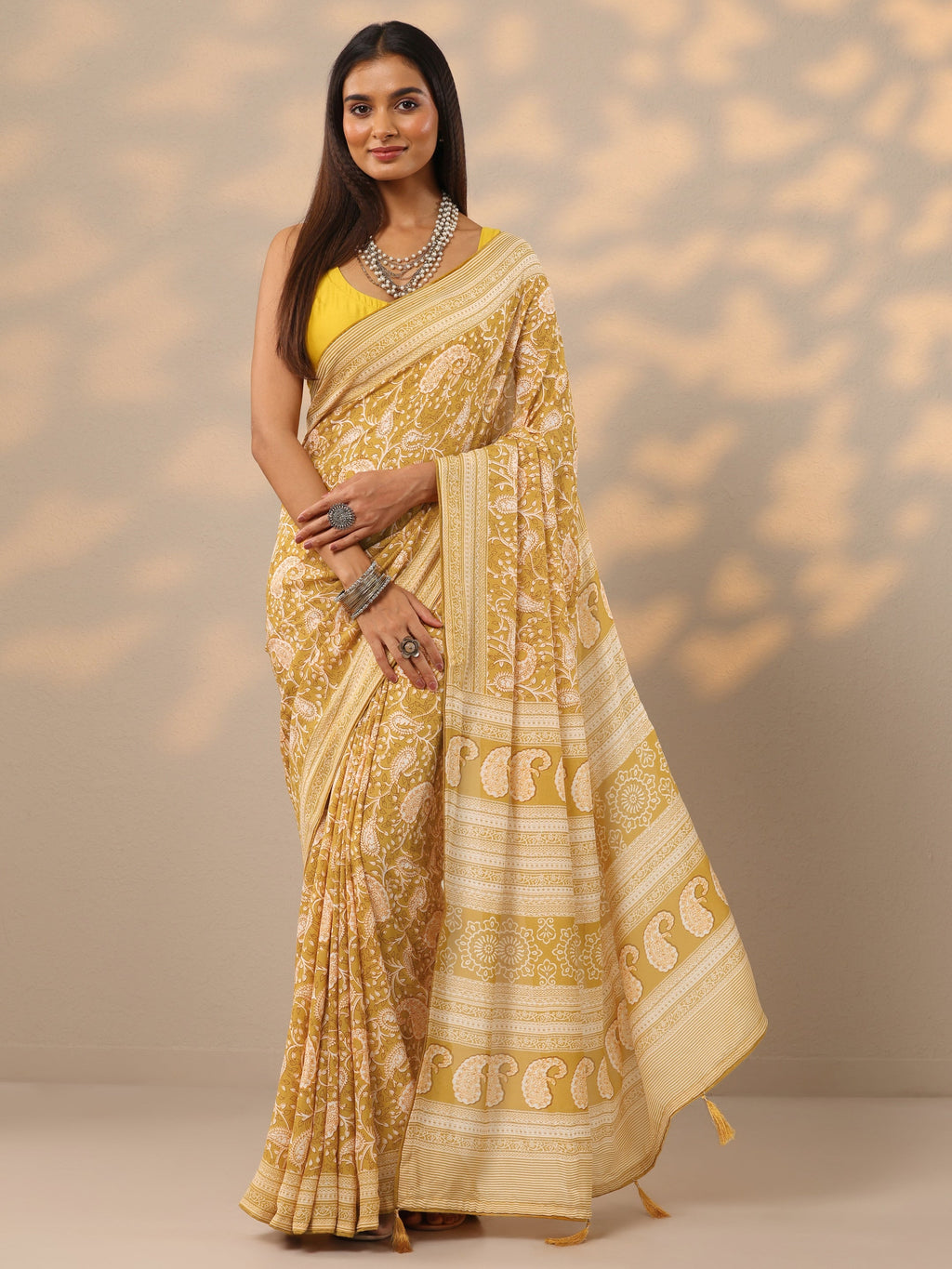 Mustard  Printed Georgette Saree With Unstitched Blouse Piece