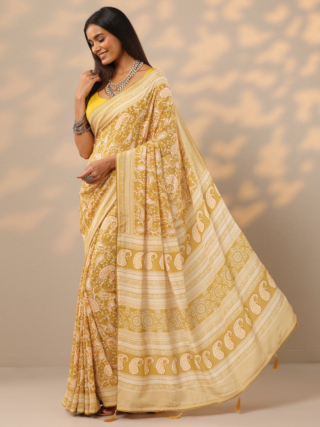 Mustard  Printed Georgette Saree With Unstitched Blouse Piece