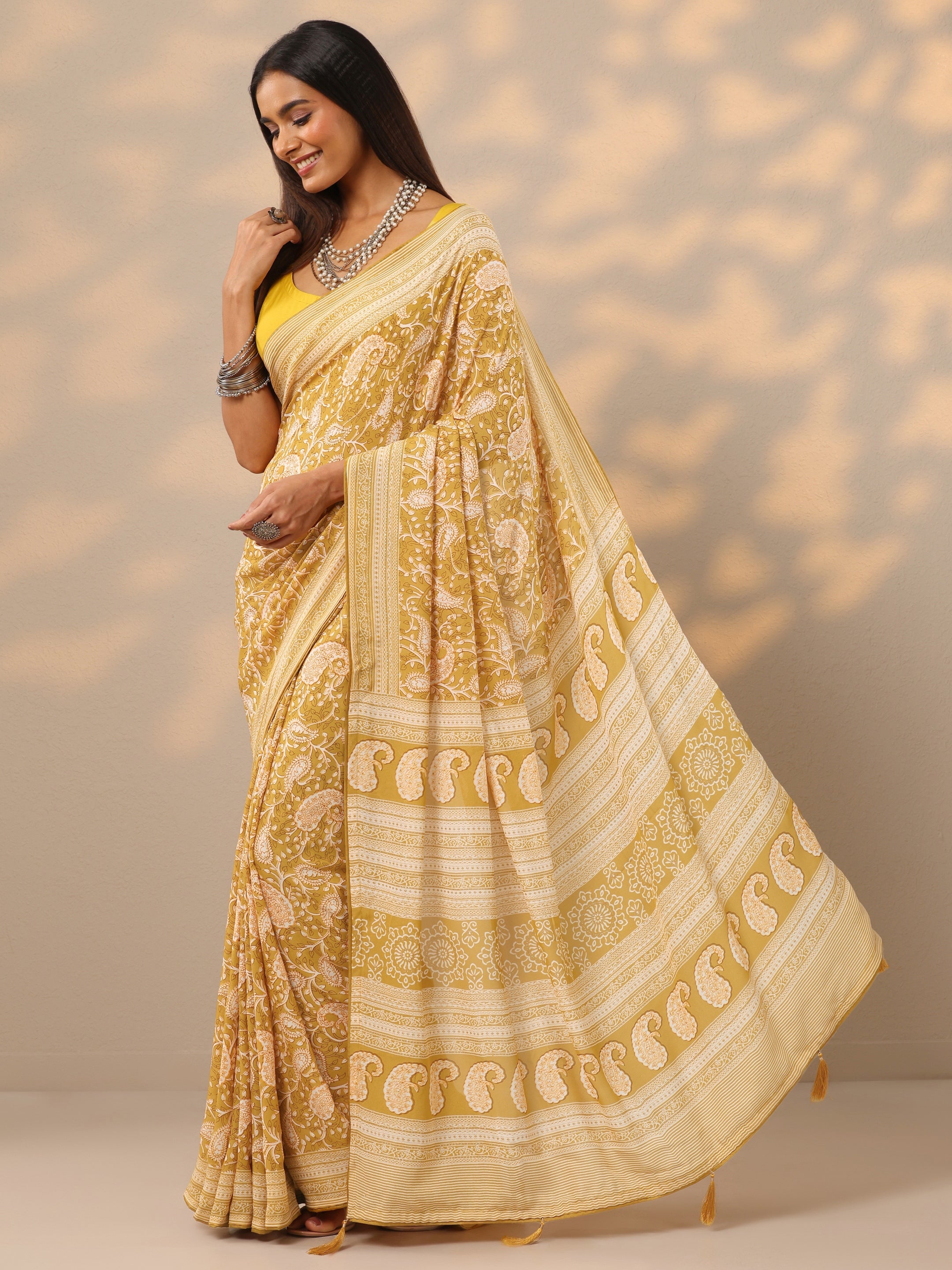 Mustard  Printed Georgette Saree With Unstitched Blouse Piece