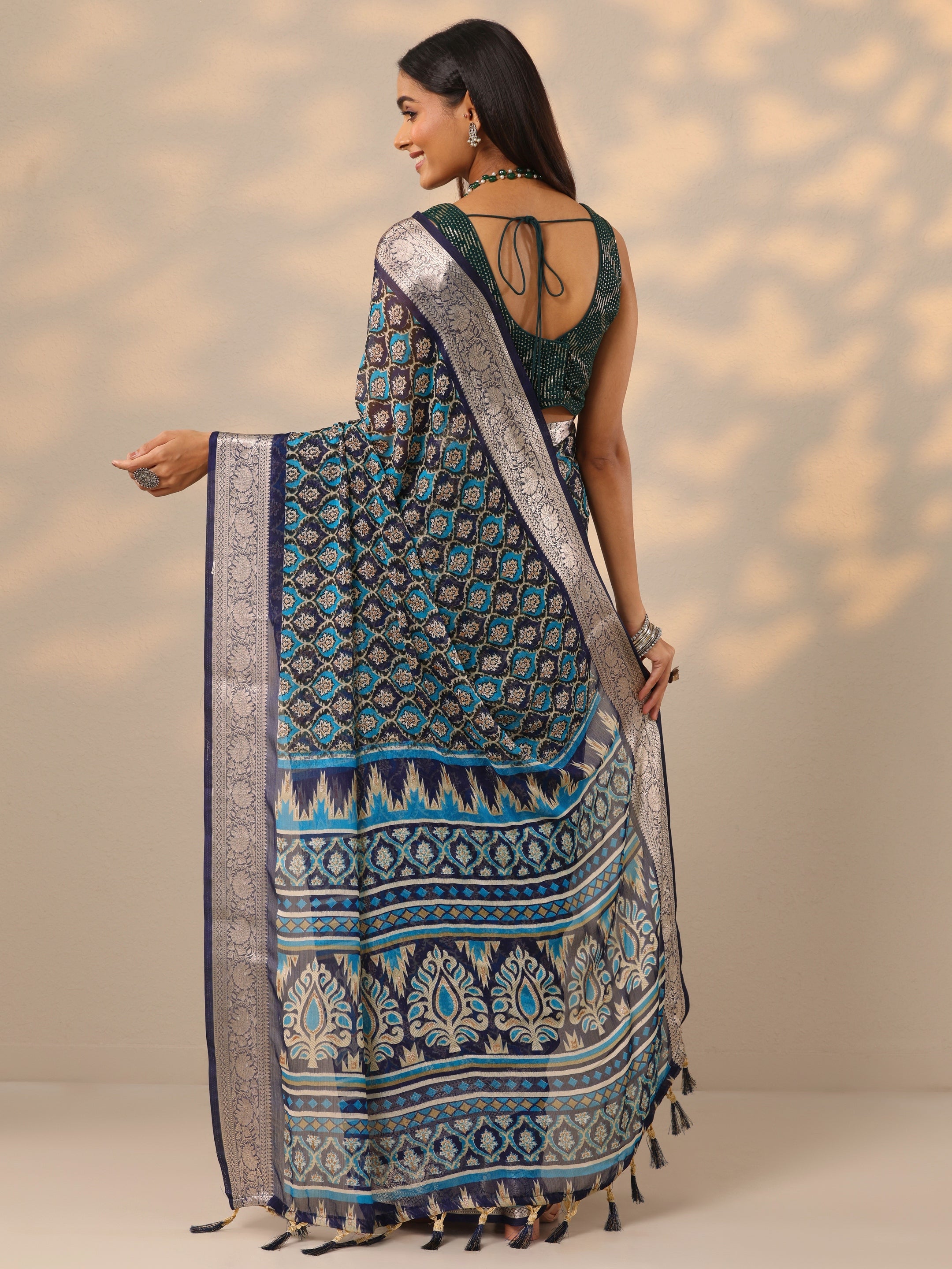 Blue Printed Banarasi Georgette Saree With Unstitched Blouse Piece