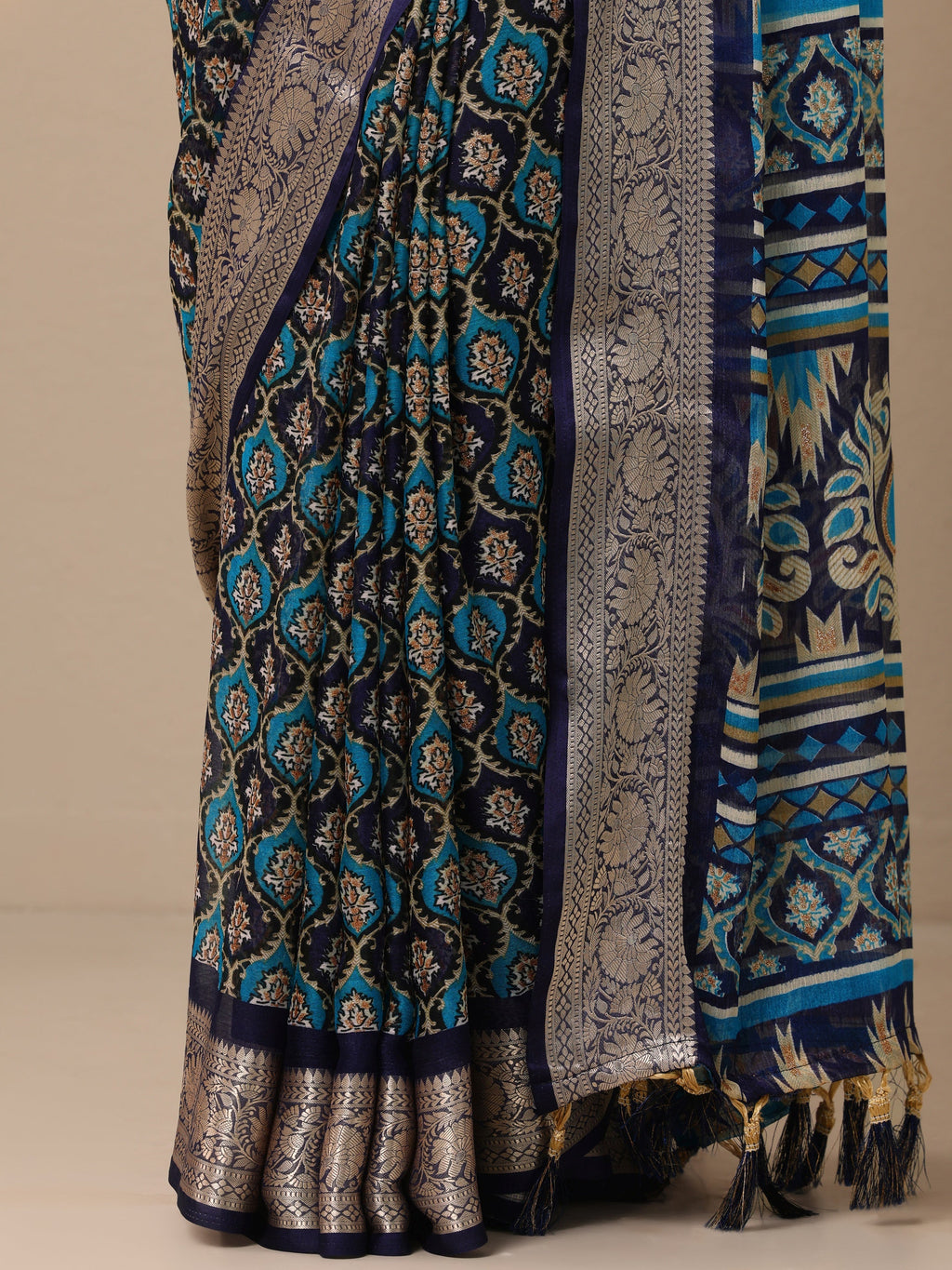 Blue Printed Banarasi Georgette Saree With Unstitched Blouse Piece