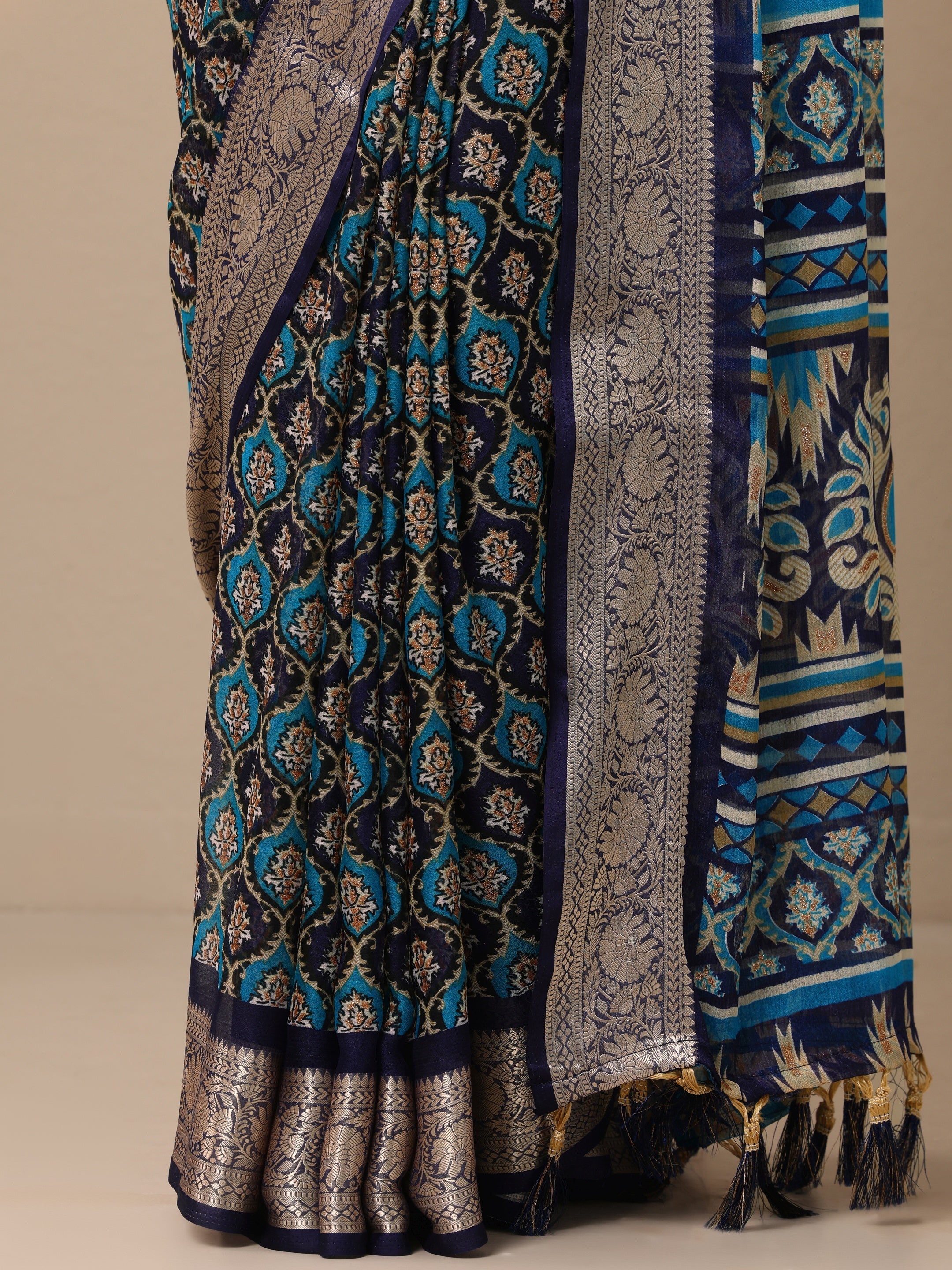 Blue Printed Banarasi Georgette Saree With Unstitched Blouse Piece