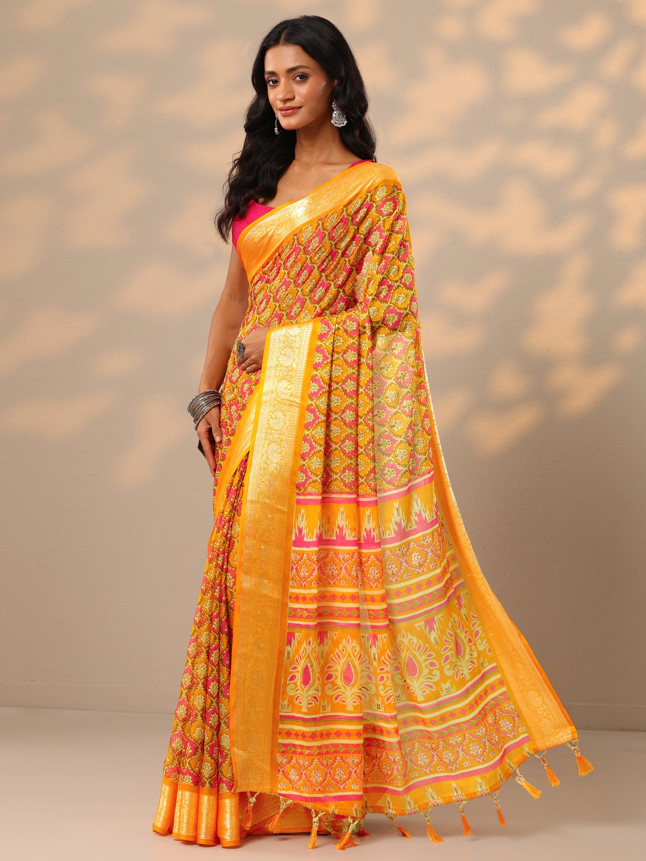Mustard Printed Banarasi Georgette Saree With Unstitched Blouse Piece