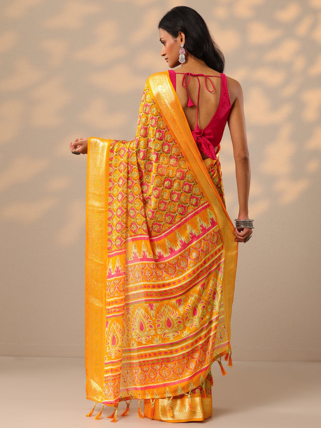 Mustard Printed Banarasi Georgette Saree With Unstitched Blouse Piece