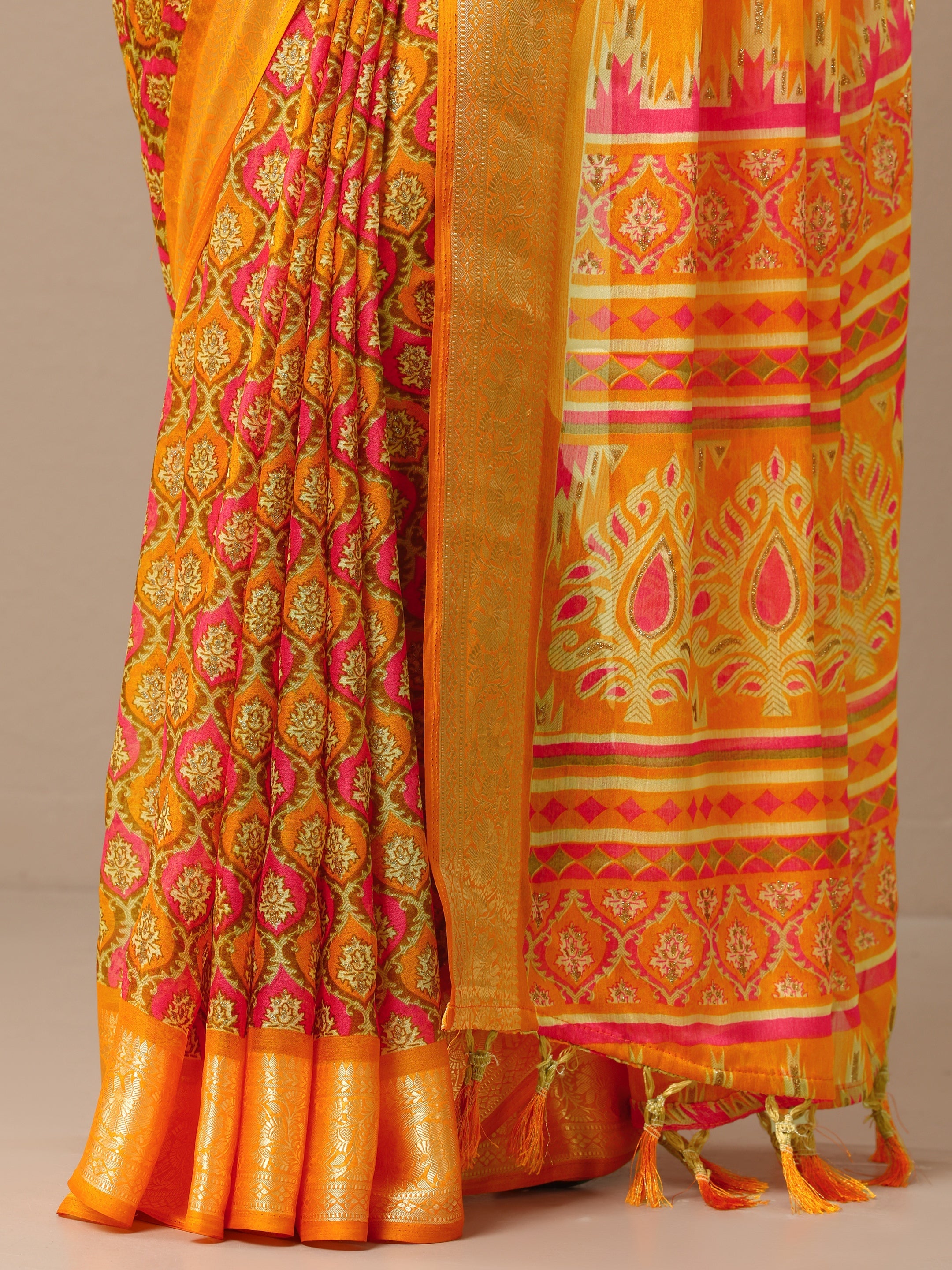 Mustard Printed Banarasi Georgette Saree With Unstitched Blouse Piece