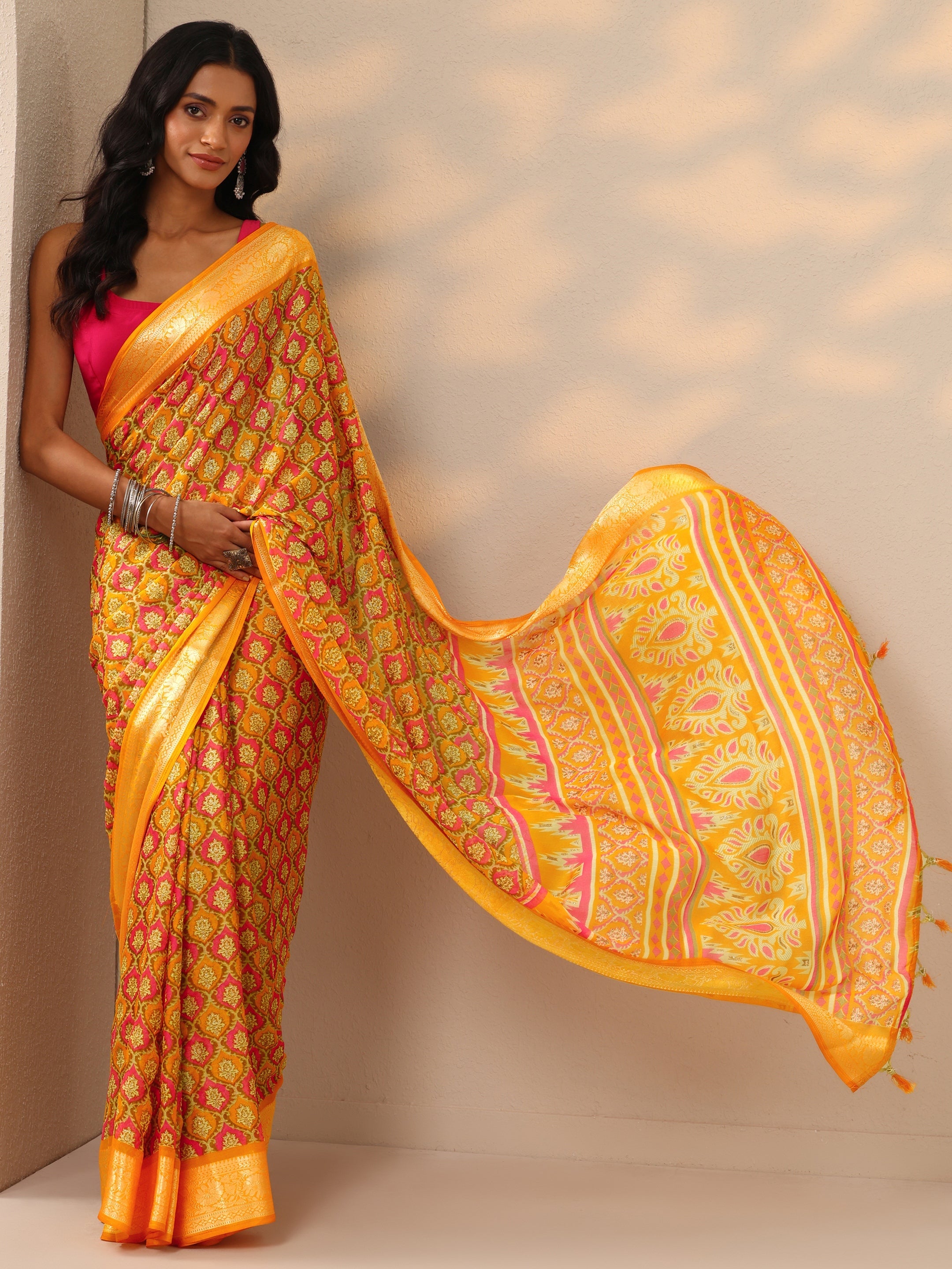 Mustard Printed Banarasi Georgette Saree With Unstitched Blouse Piece