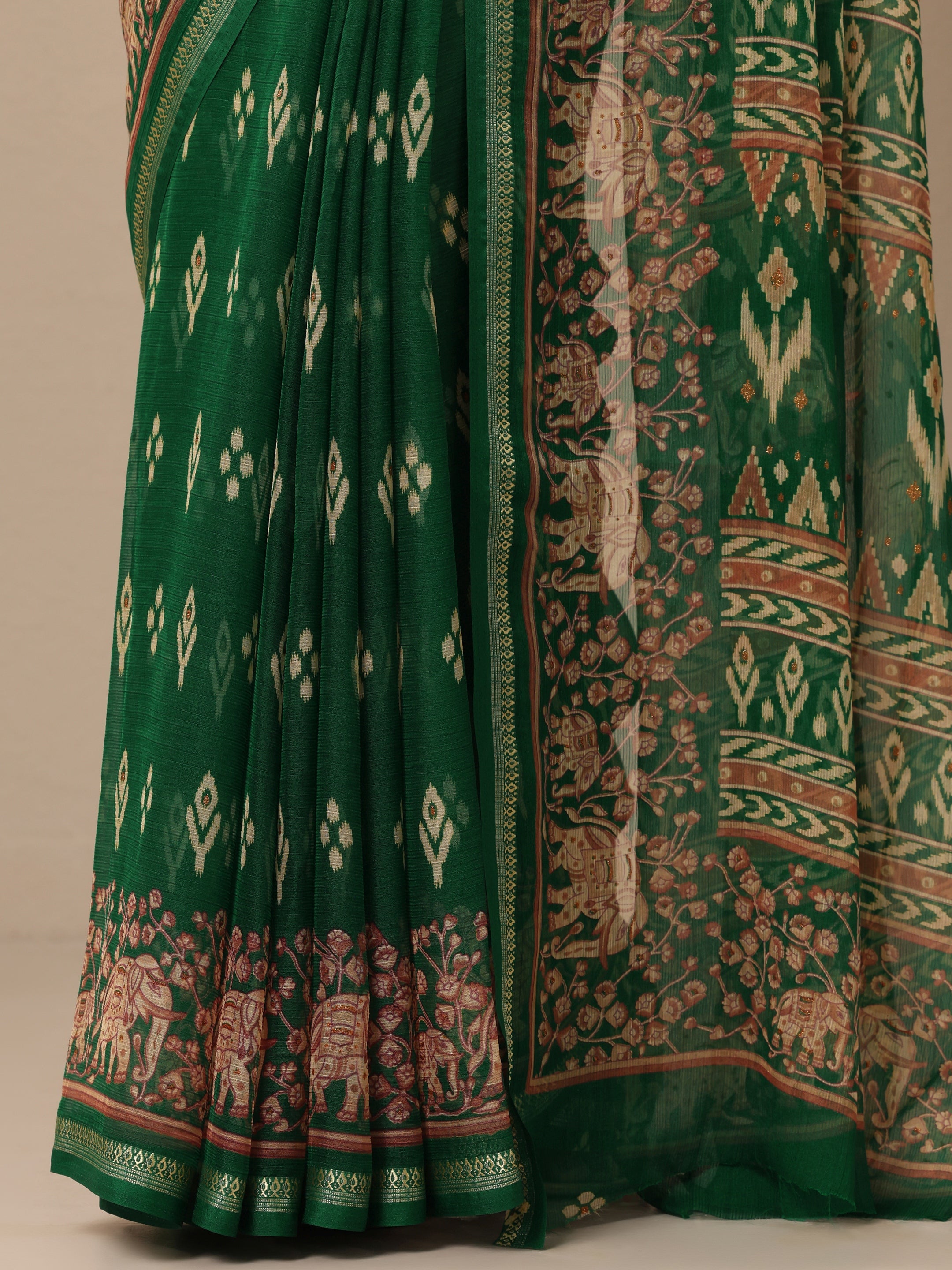 Green Printed Chiffon Saree With Unstitched Blouse Piece