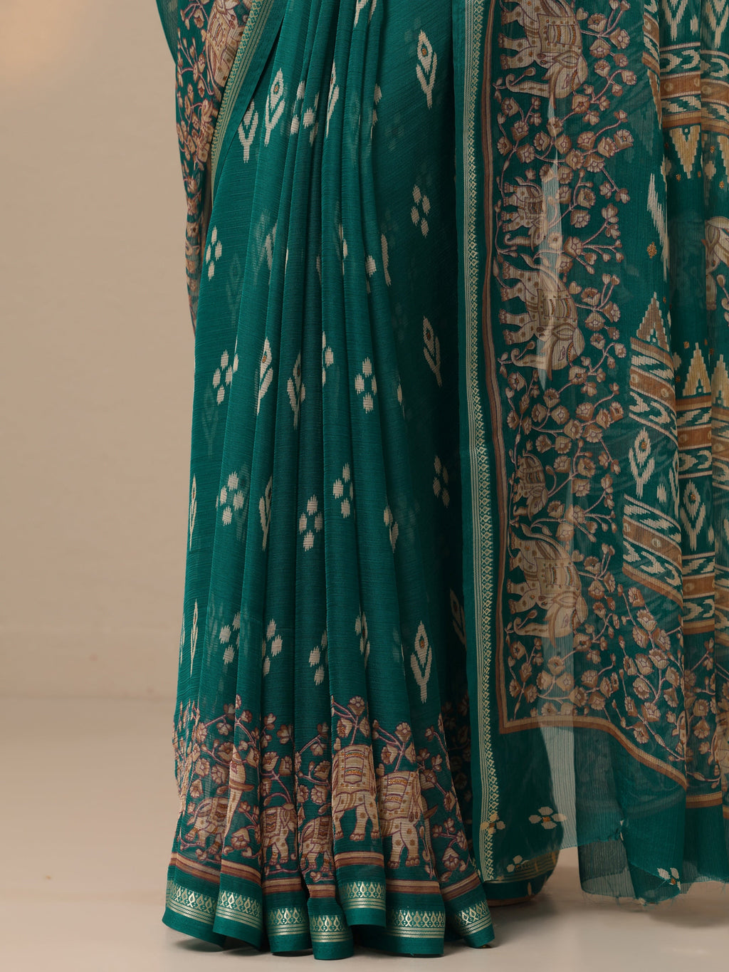 Green Printed Chiffon Saree With Unstitched Blouse Piece