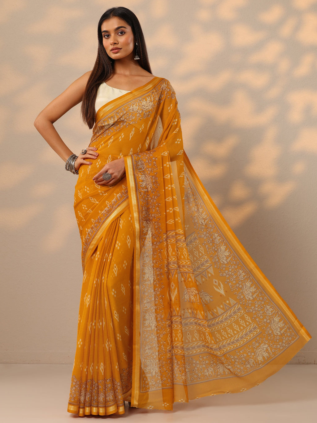 Mustard  Ikat Printed Chiffon Saree With Unstitched Blouse Piece
