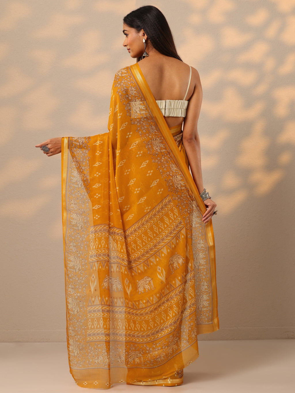 Mustard  Ikat Printed Chiffon Saree With Unstitched Blouse Piece