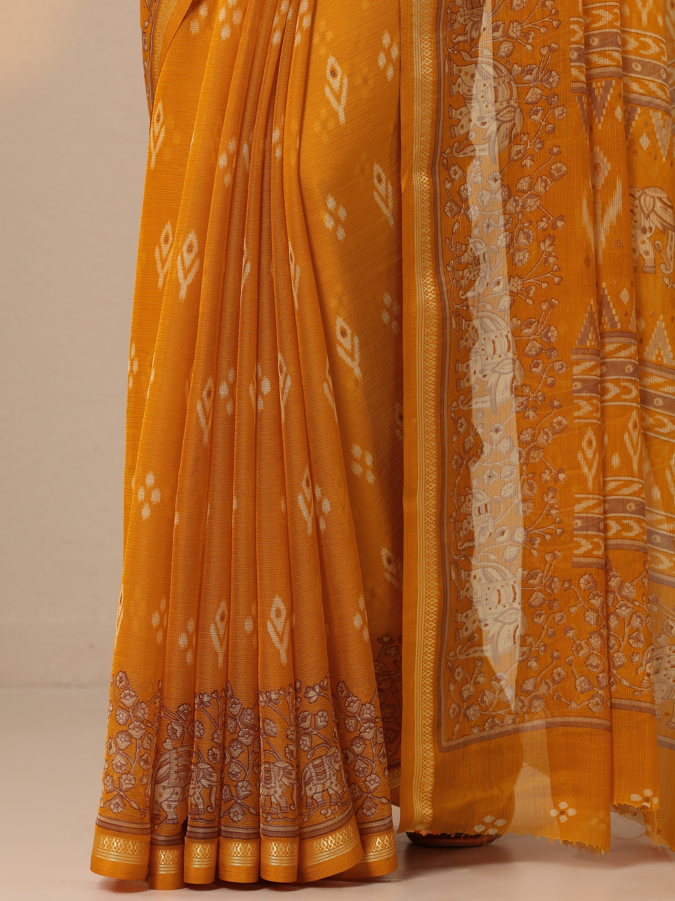 Mustard  Ikat Printed Chiffon Saree With Unstitched Blouse Piece
