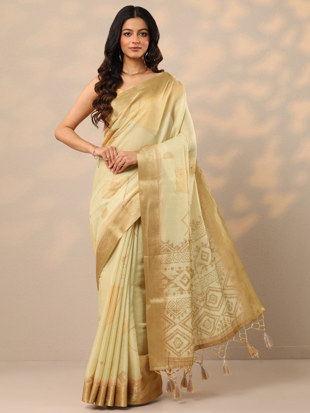 Gold Printed Silk Blend Sarees With Unstitched Blouse Piece