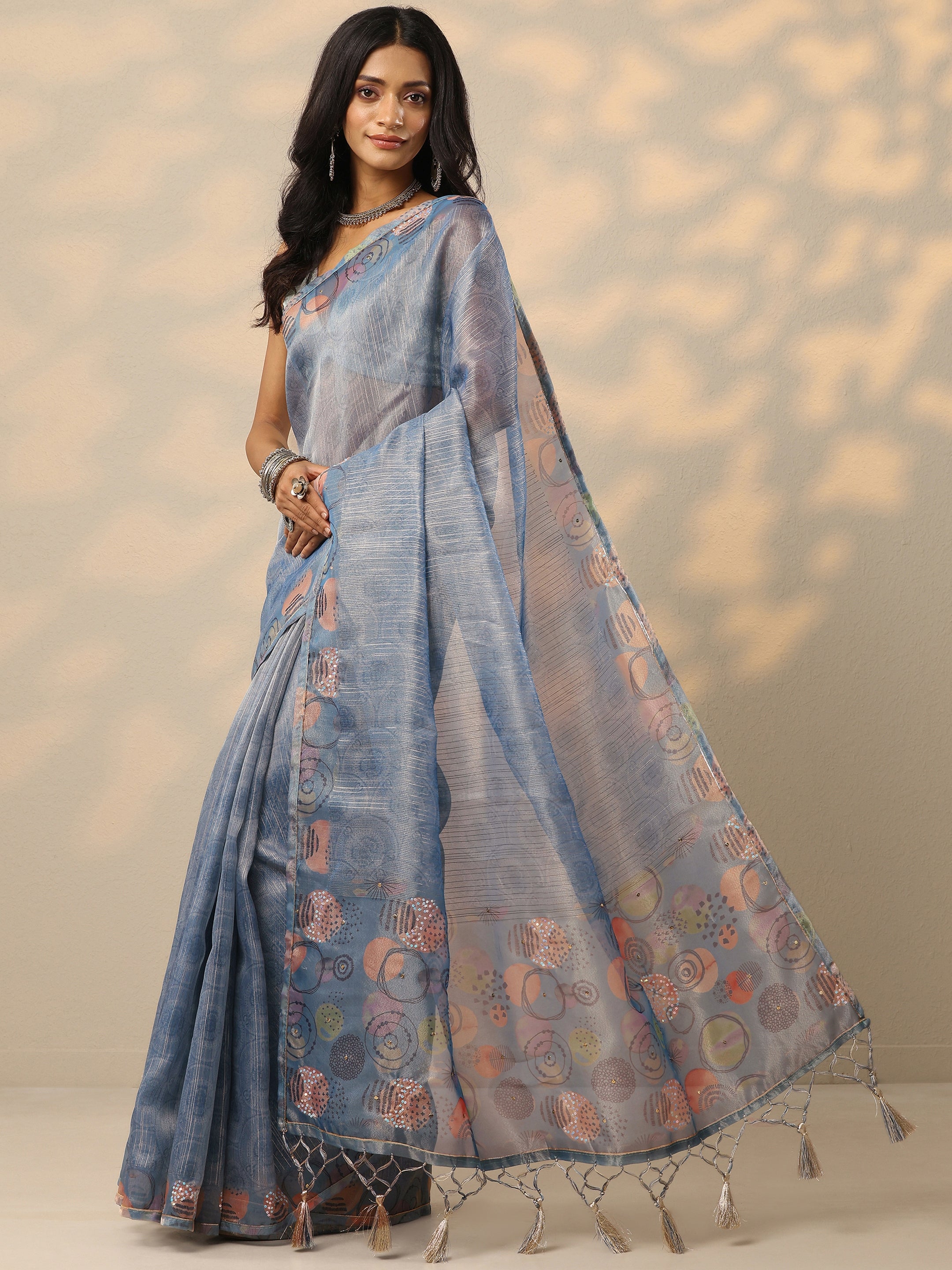 Blue Embellished Nylon Saree With Unstitched Blouse Piece