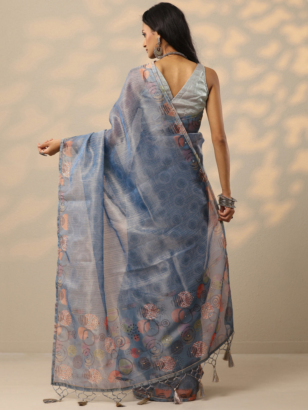 Blue Embellished Nylon Saree With Unstitched Blouse Piece