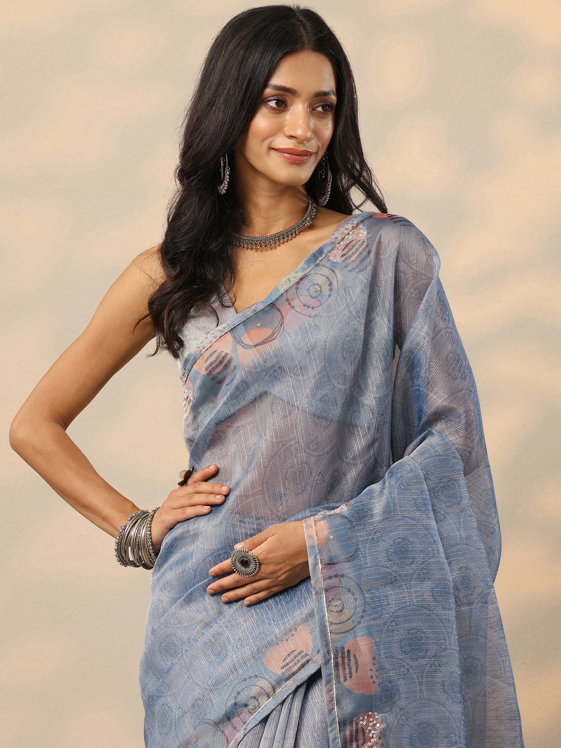 Blue Embellished Nylon Saree With Unstitched Blouse Piece