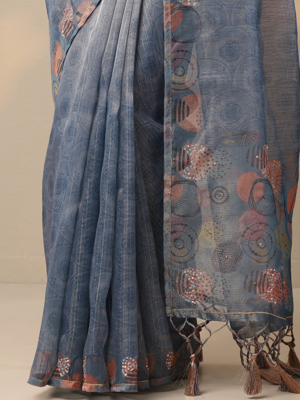 Blue Embellished Nylon Saree With Unstitched Blouse Piece