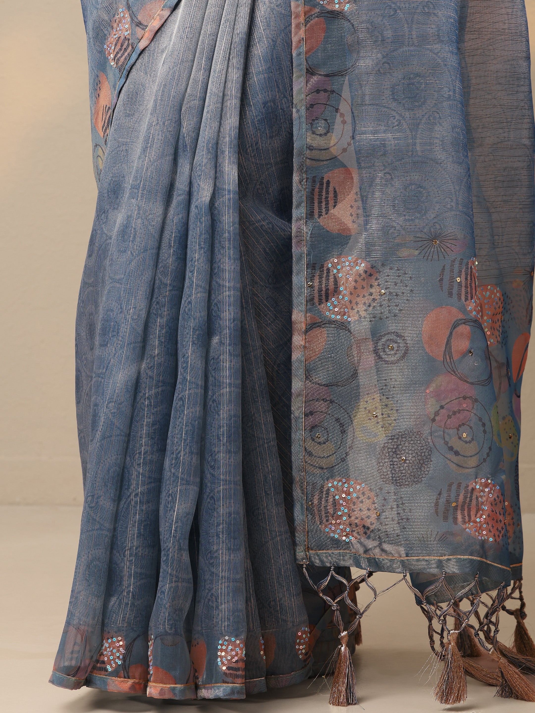 Blue Embellished Nylon Saree With Unstitched Blouse Piece