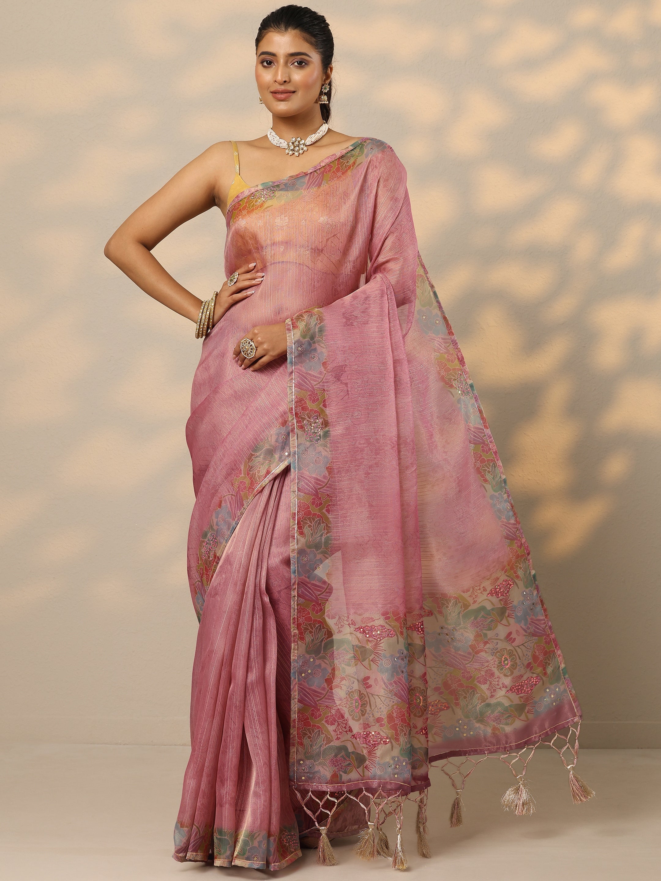 Mauve Embellished Nylon Saree With Unstitched Blouse Piece