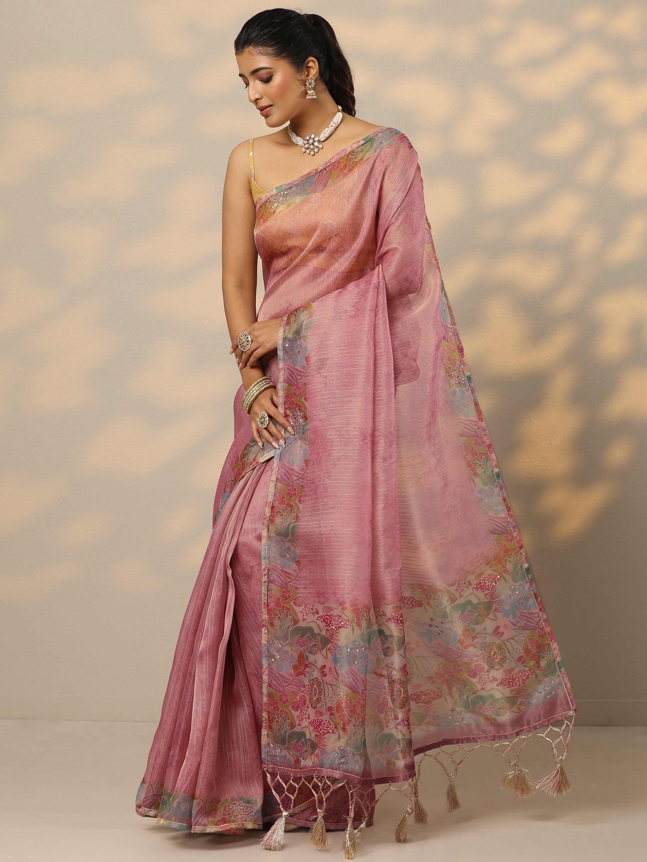 Mauve Embellished Nylon Saree With Unstitched Blouse Piece