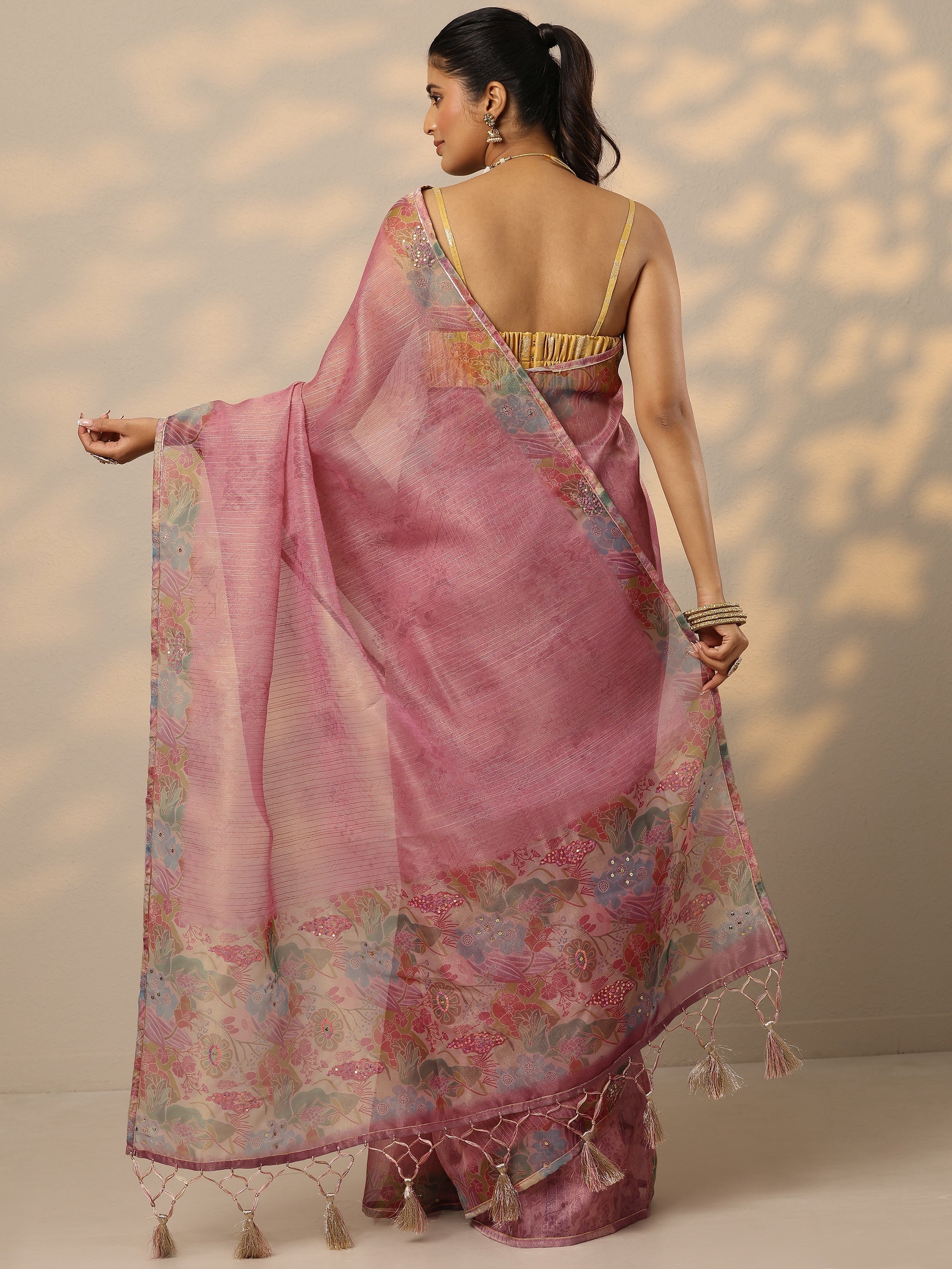 Mauve Embellished Nylon Saree With Unstitched Blouse Piece