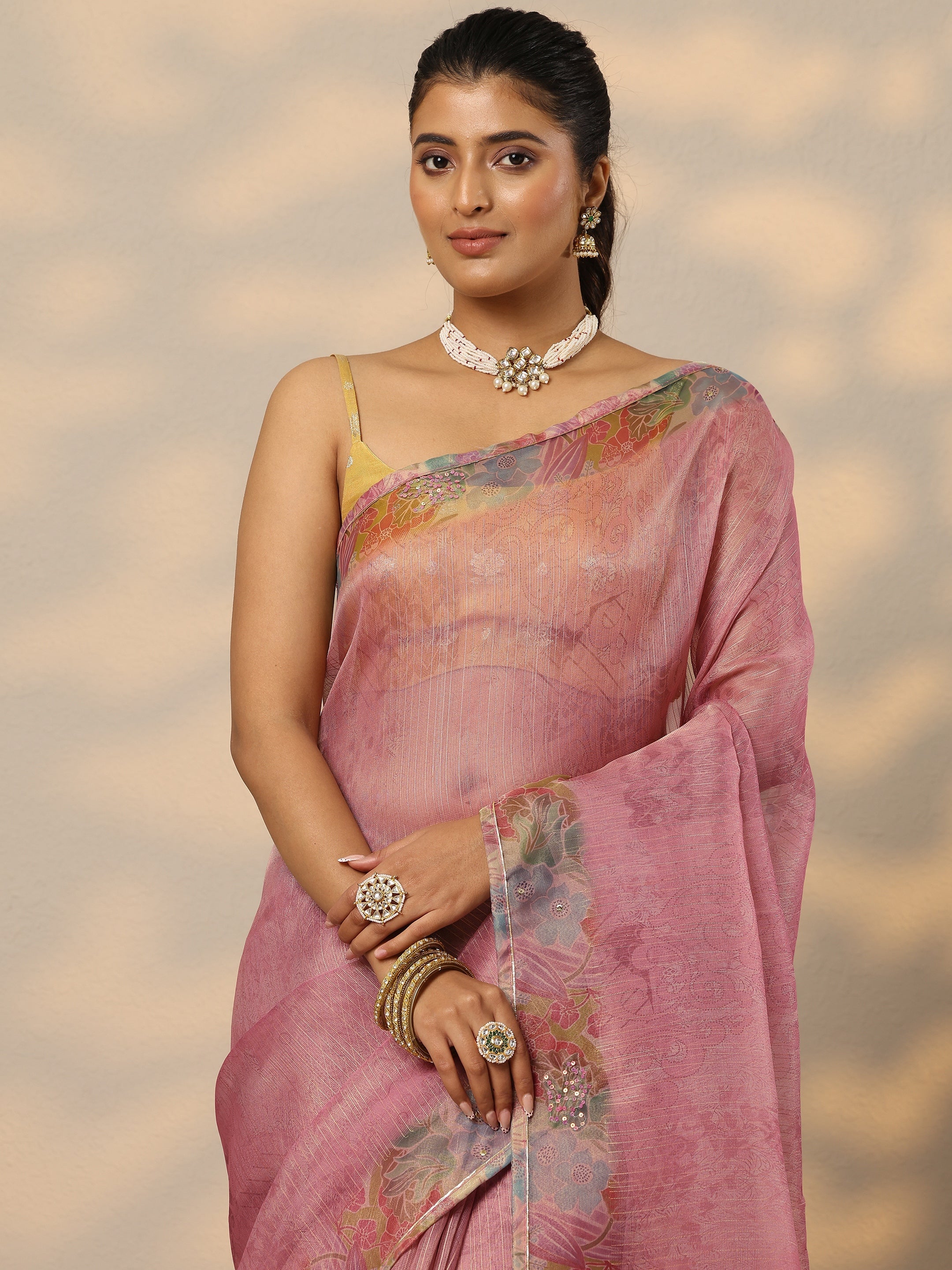 Mauve Embellished Nylon Saree With Unstitched Blouse Piece